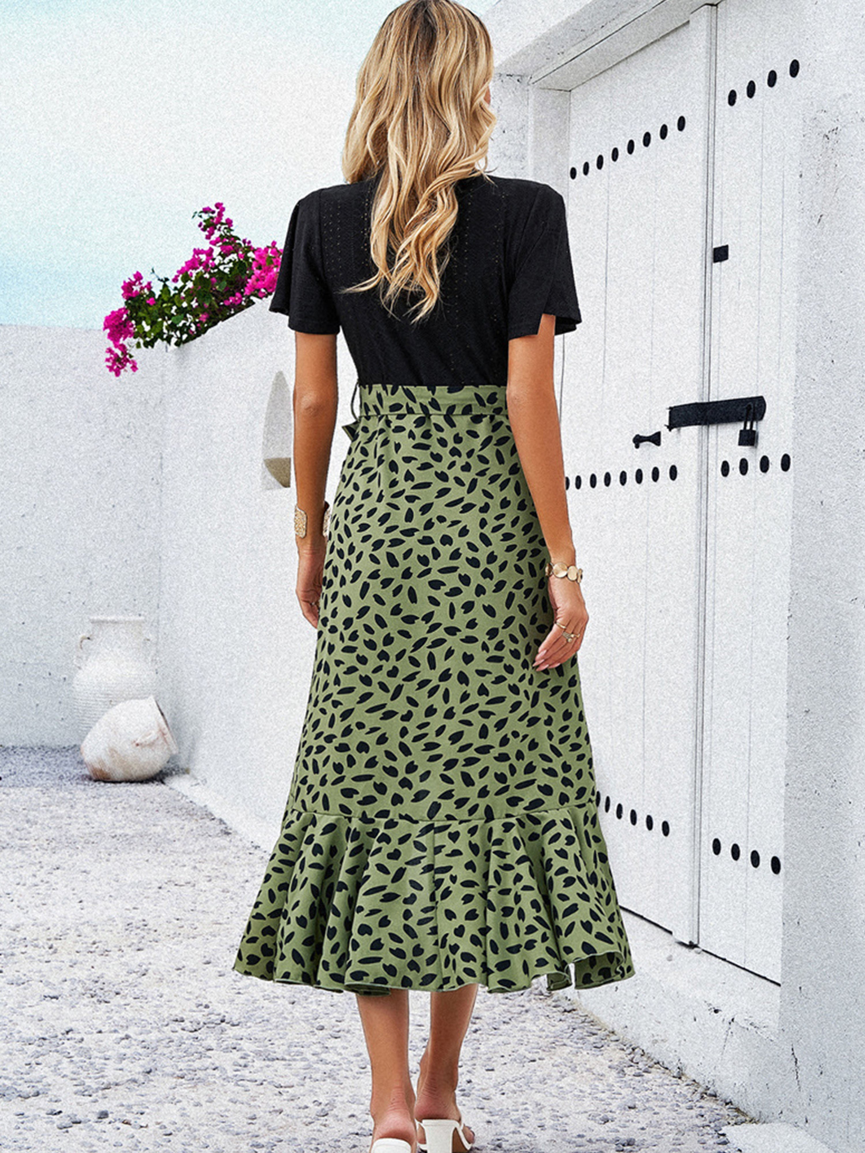 Elegant V-Neck Olive Green Polka Dot Short Sleeves Wedding Guest Dress