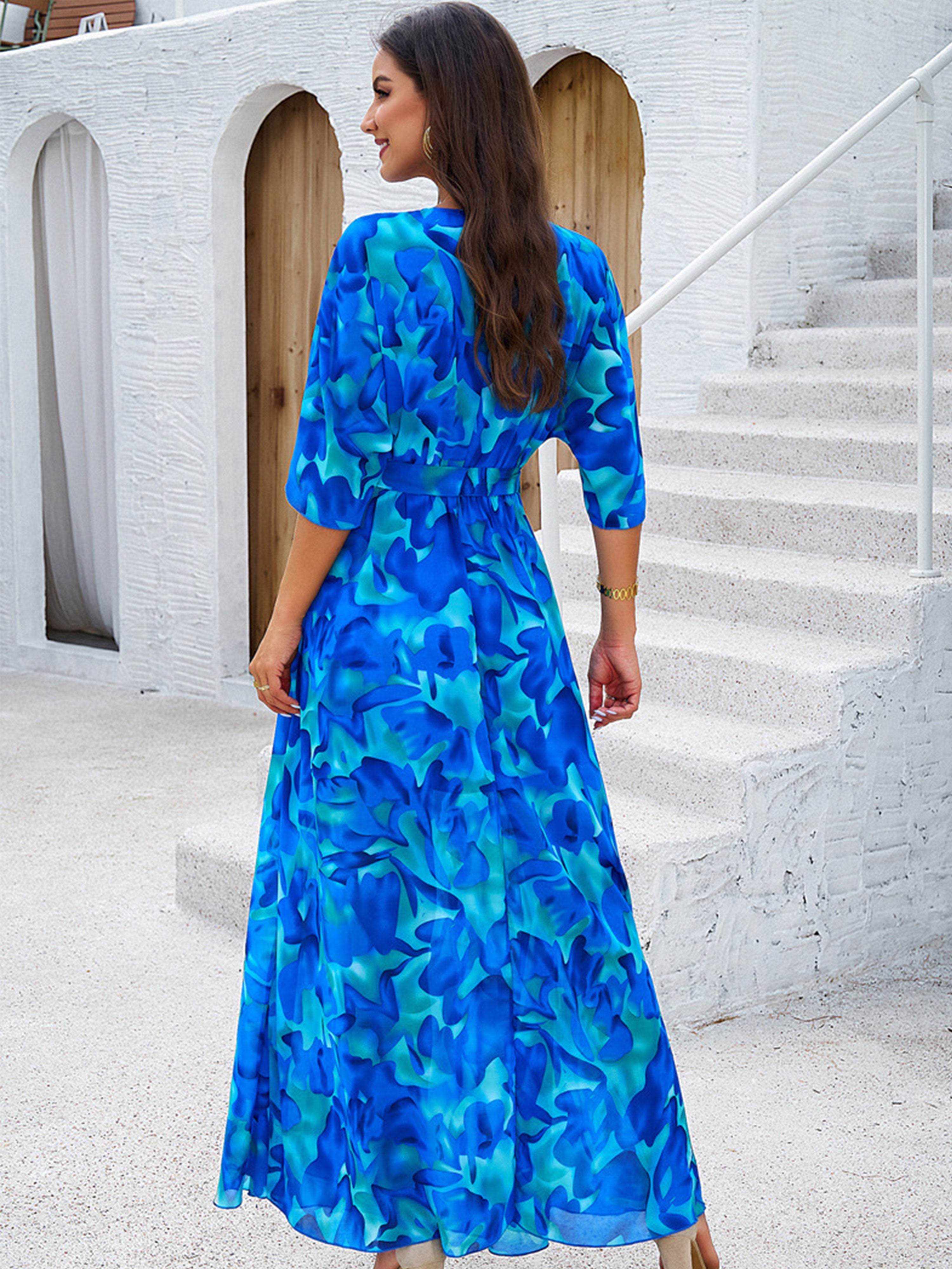 Half Sleeves V Neck A Line Strappy Waisted Blue Wedding Guest Dress With Split