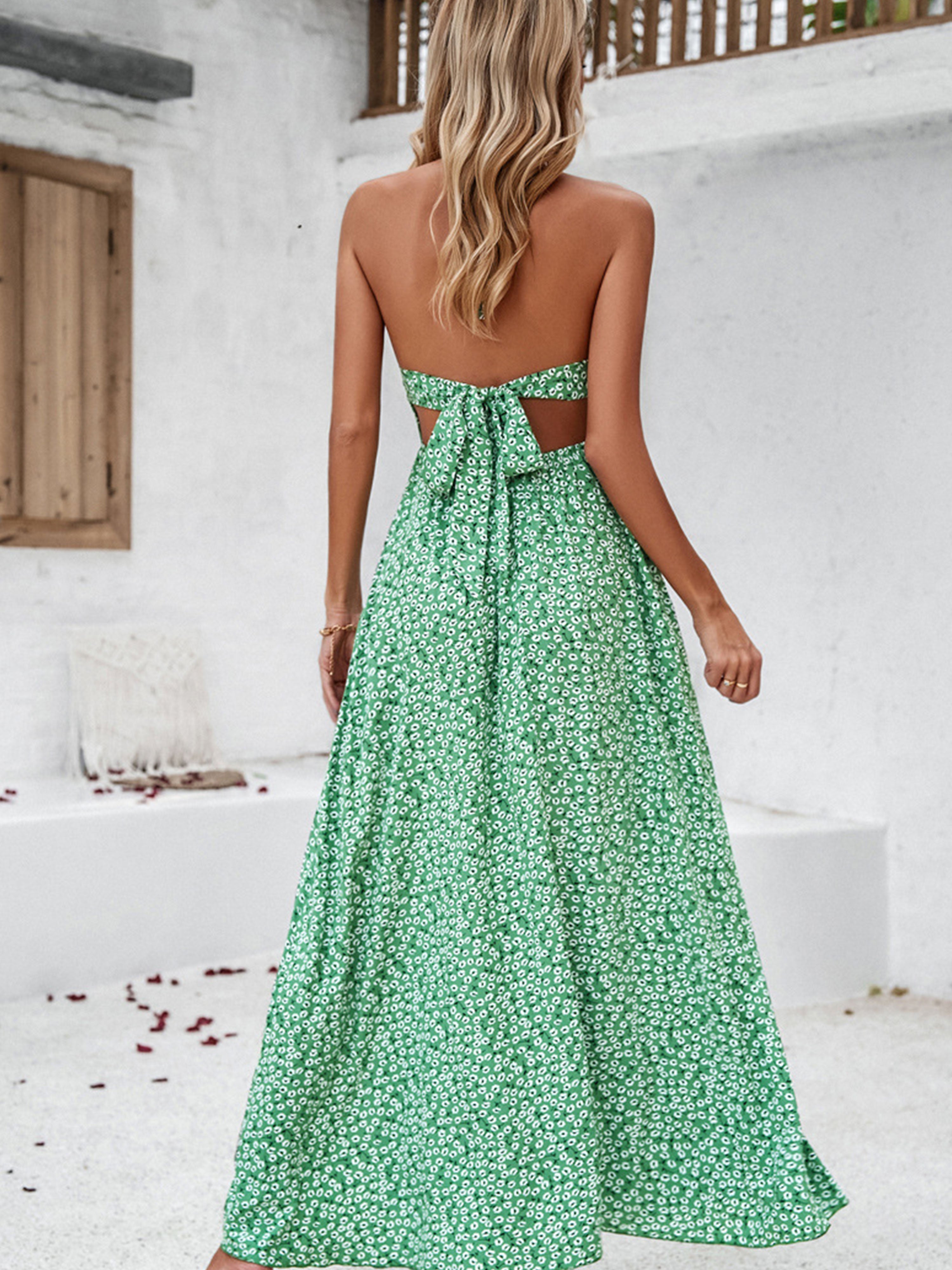Casual Spaghetti Straps Long Floral Green Wedding Guest Dress