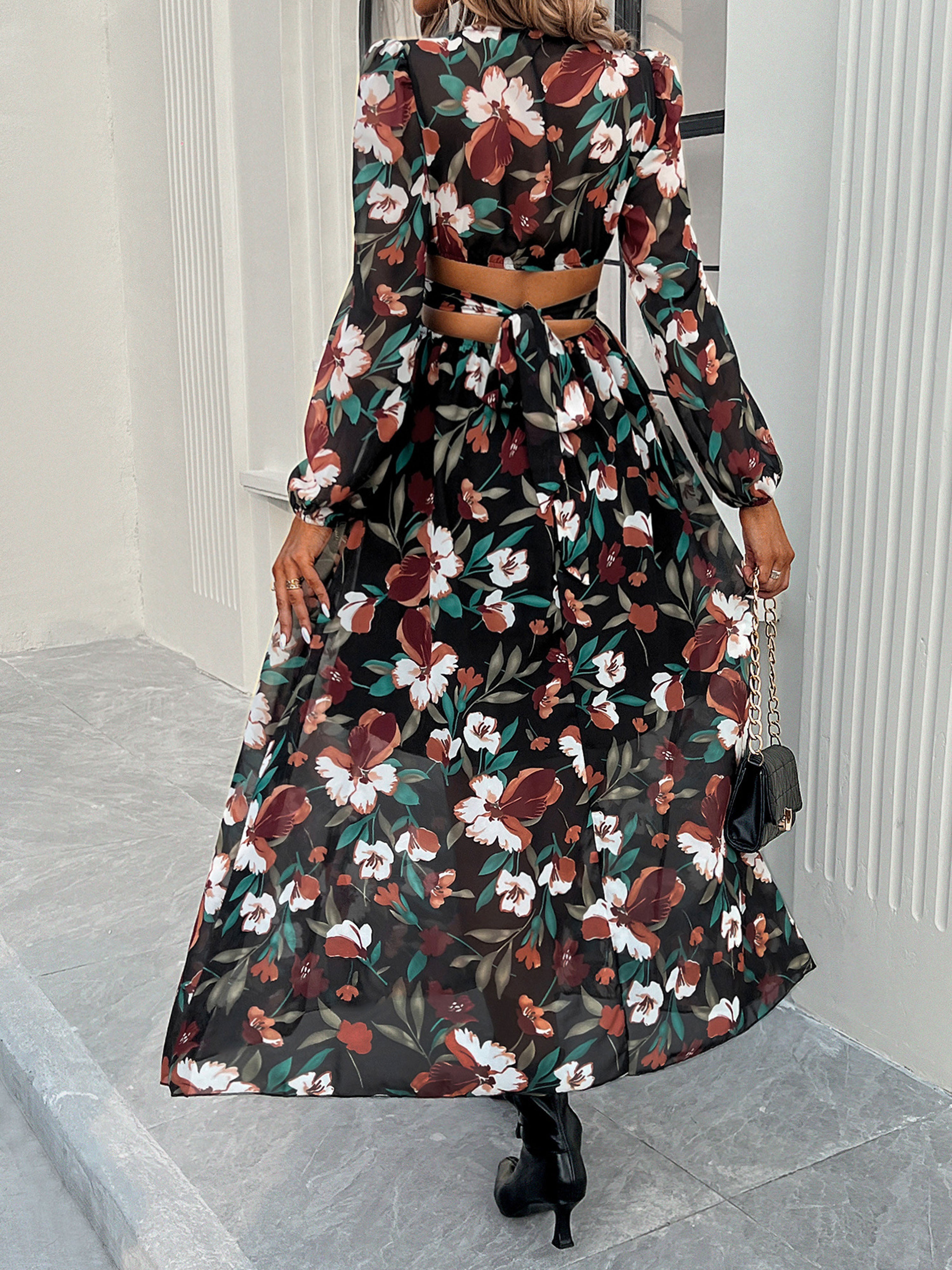 Floral V-Neck Black Long Sleeves A Line Wedding Guest Dress