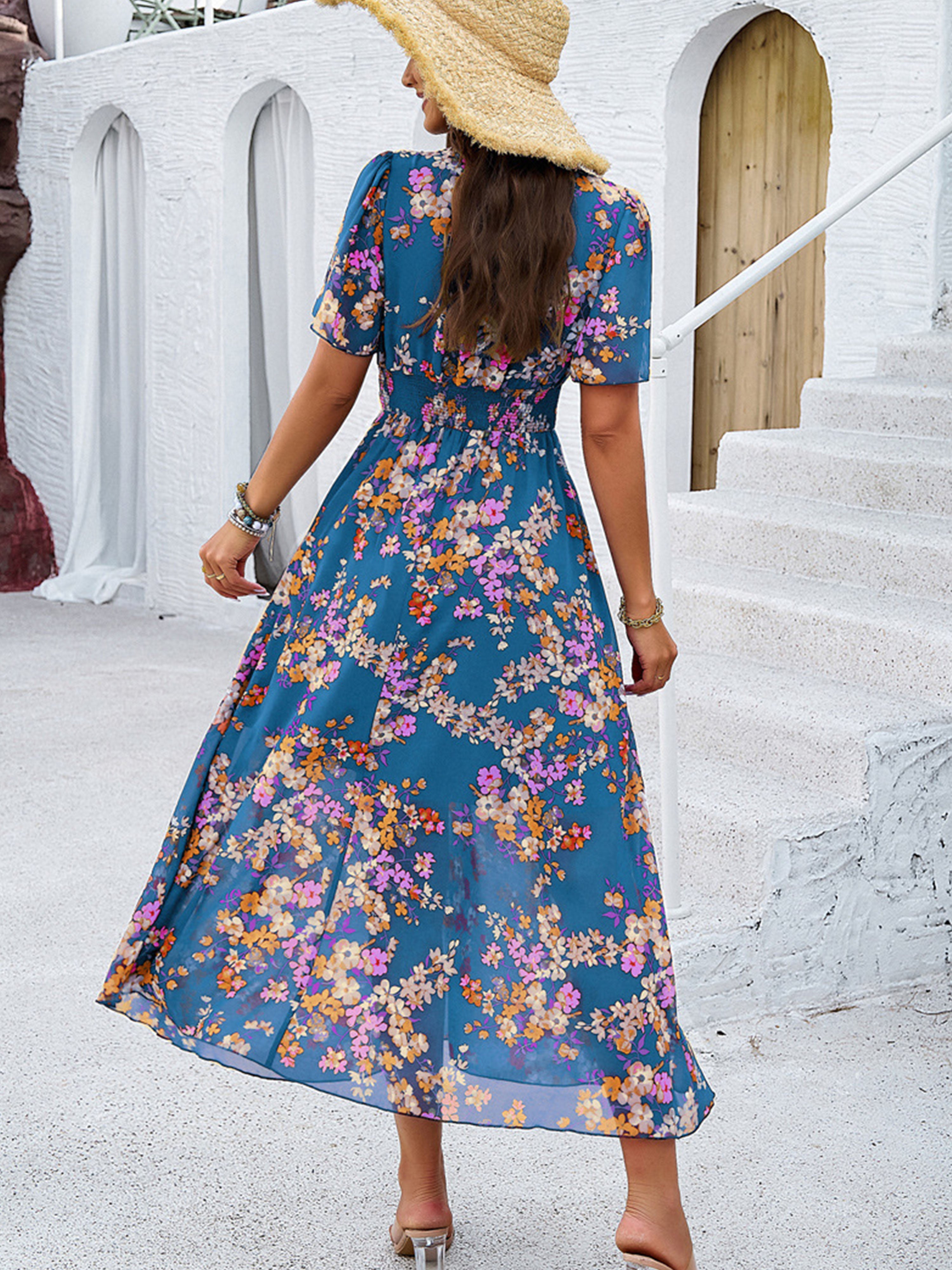 Floral Elegant V Neck Sleeves Blue Long Wedding Guest Dress