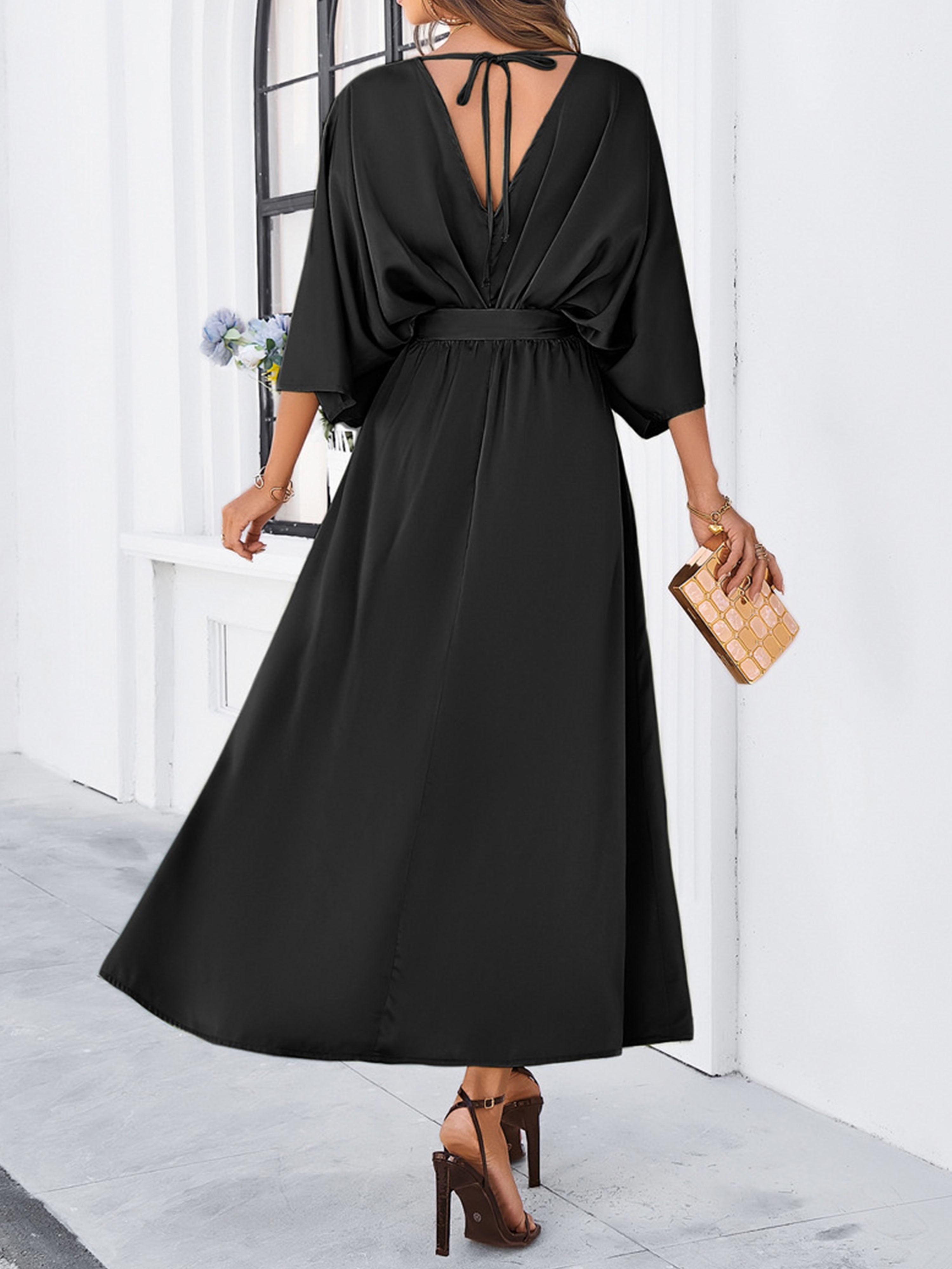 Elegant Black V-Neck Sleeves Split Wedding Guest Dress With Belt
