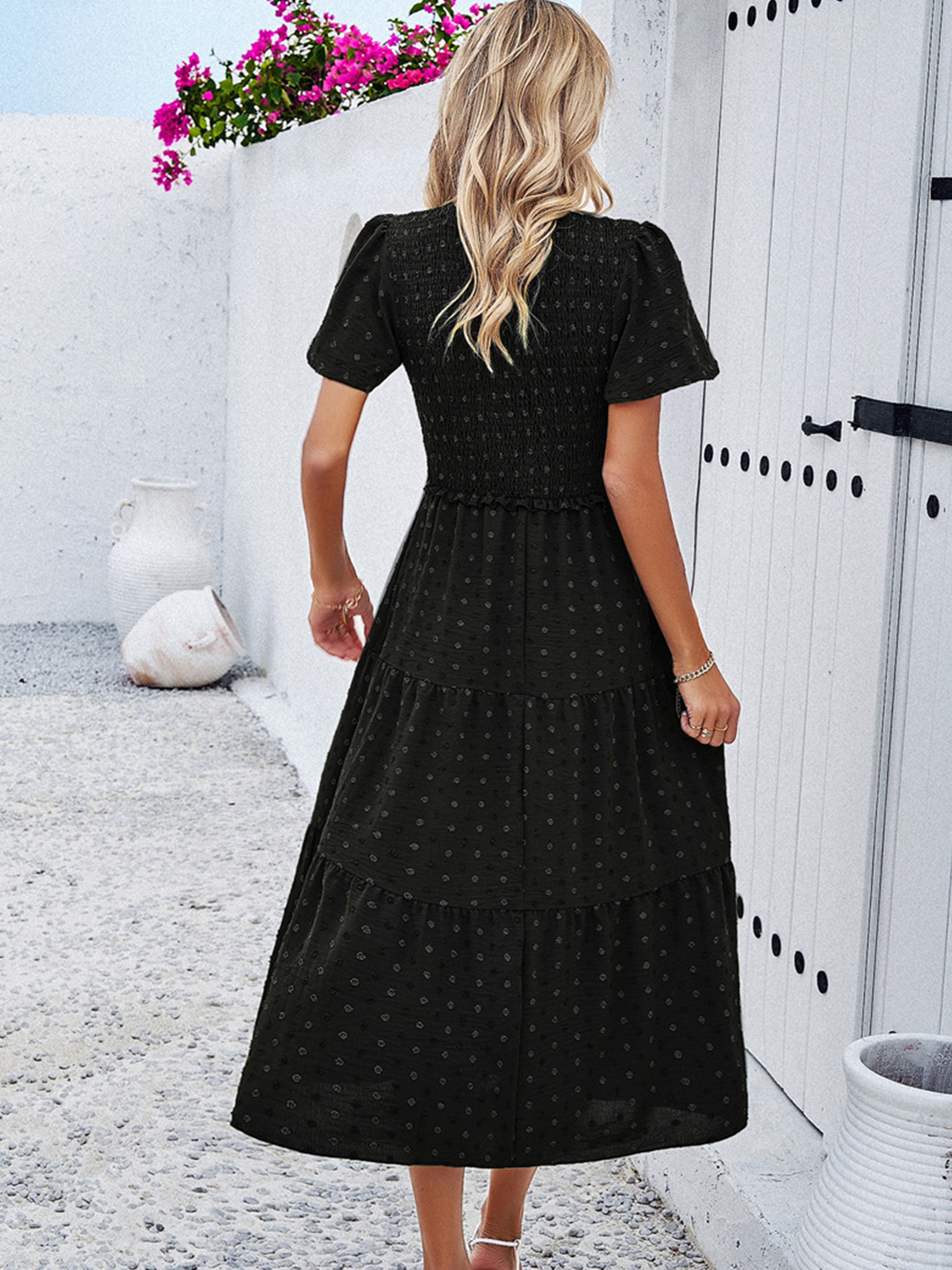 Casual Polka Dot V-Neck Short Sleeves Black Wedding Guest Dress