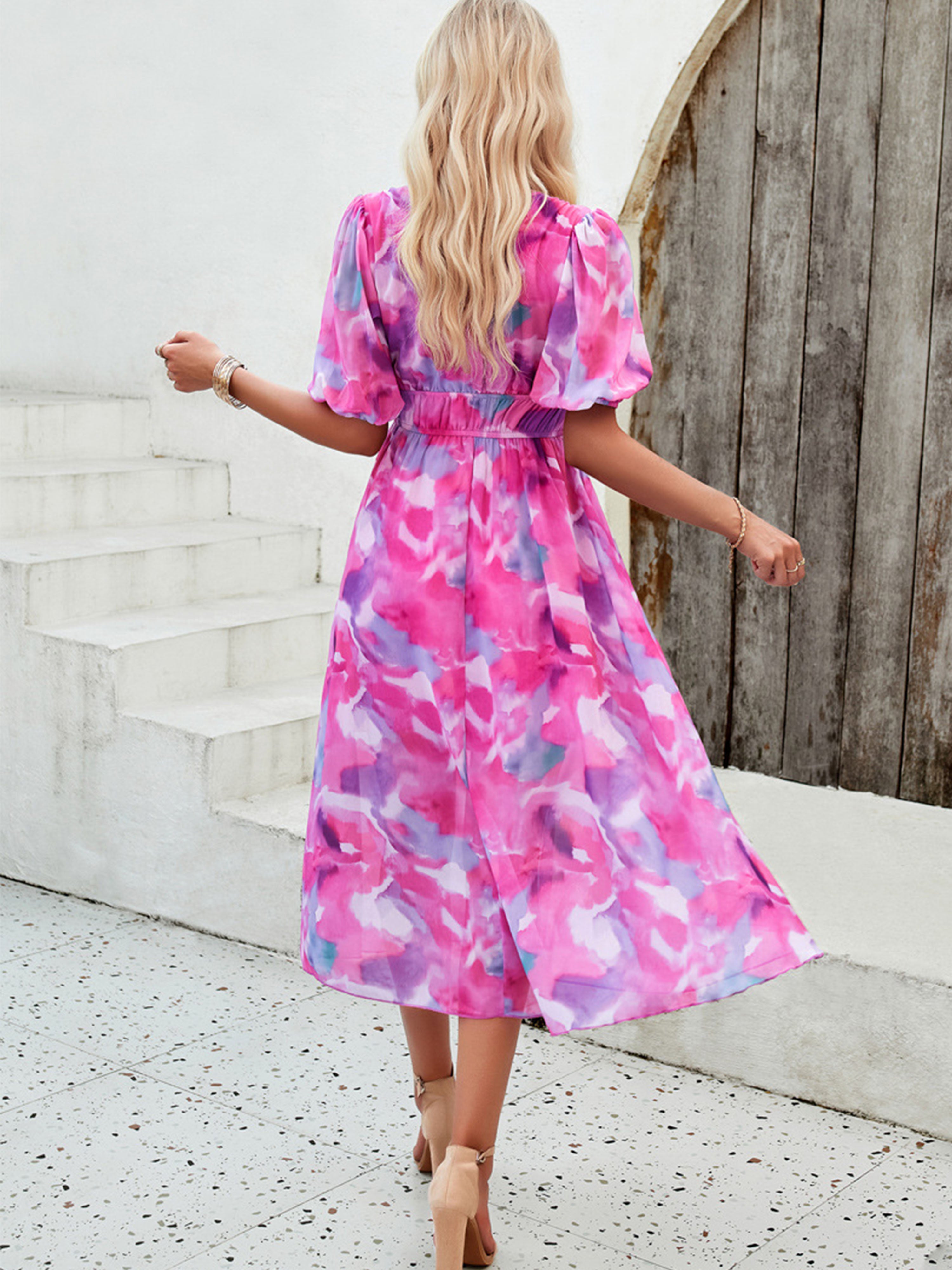 A Line Strappy Waisted Sleeves V Neck Fuchsia Wedding Guest Dress