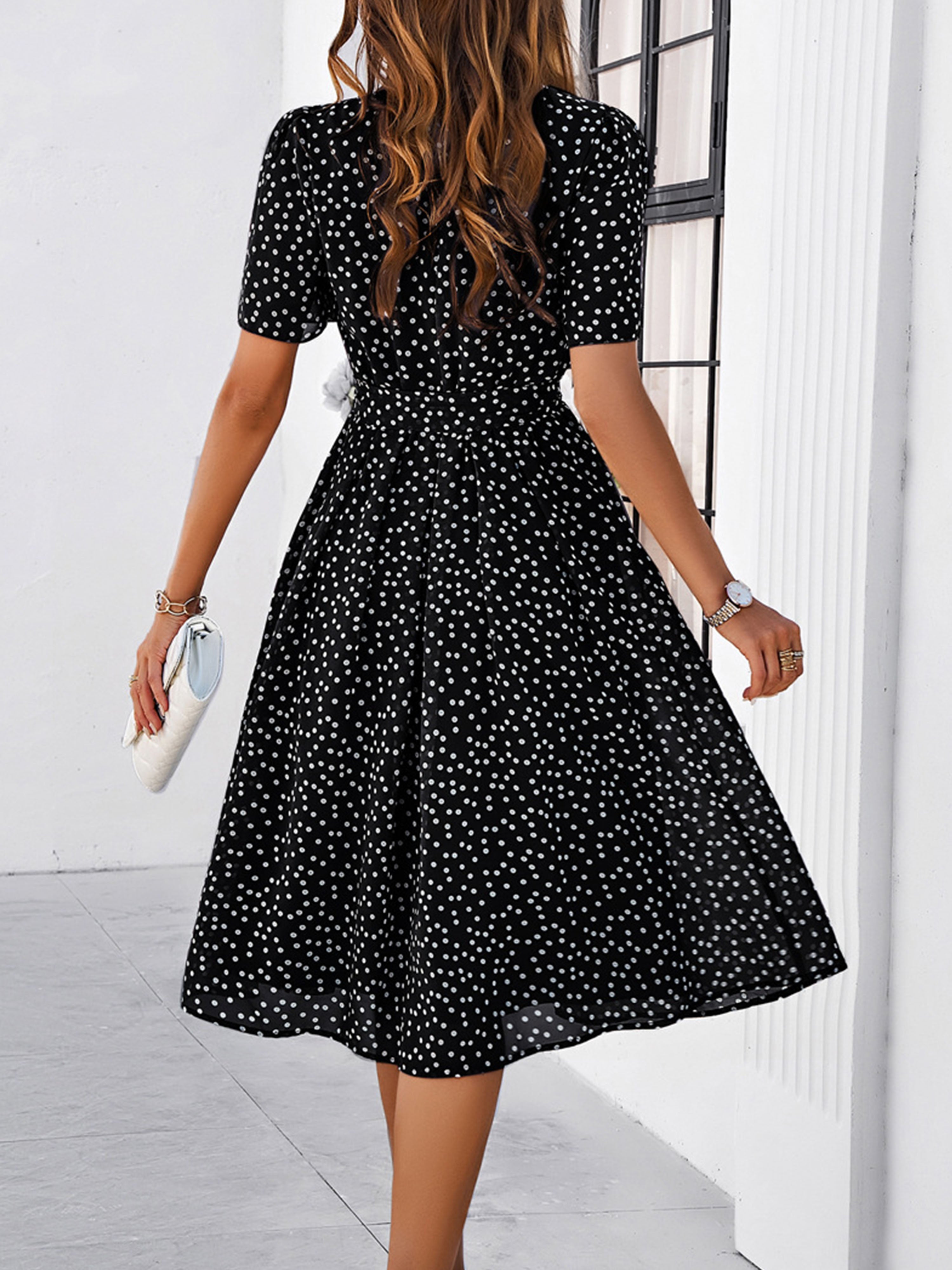 Casual Polka Dot Cowl Short Sleeves Black Wedding Guest Dress With Belt