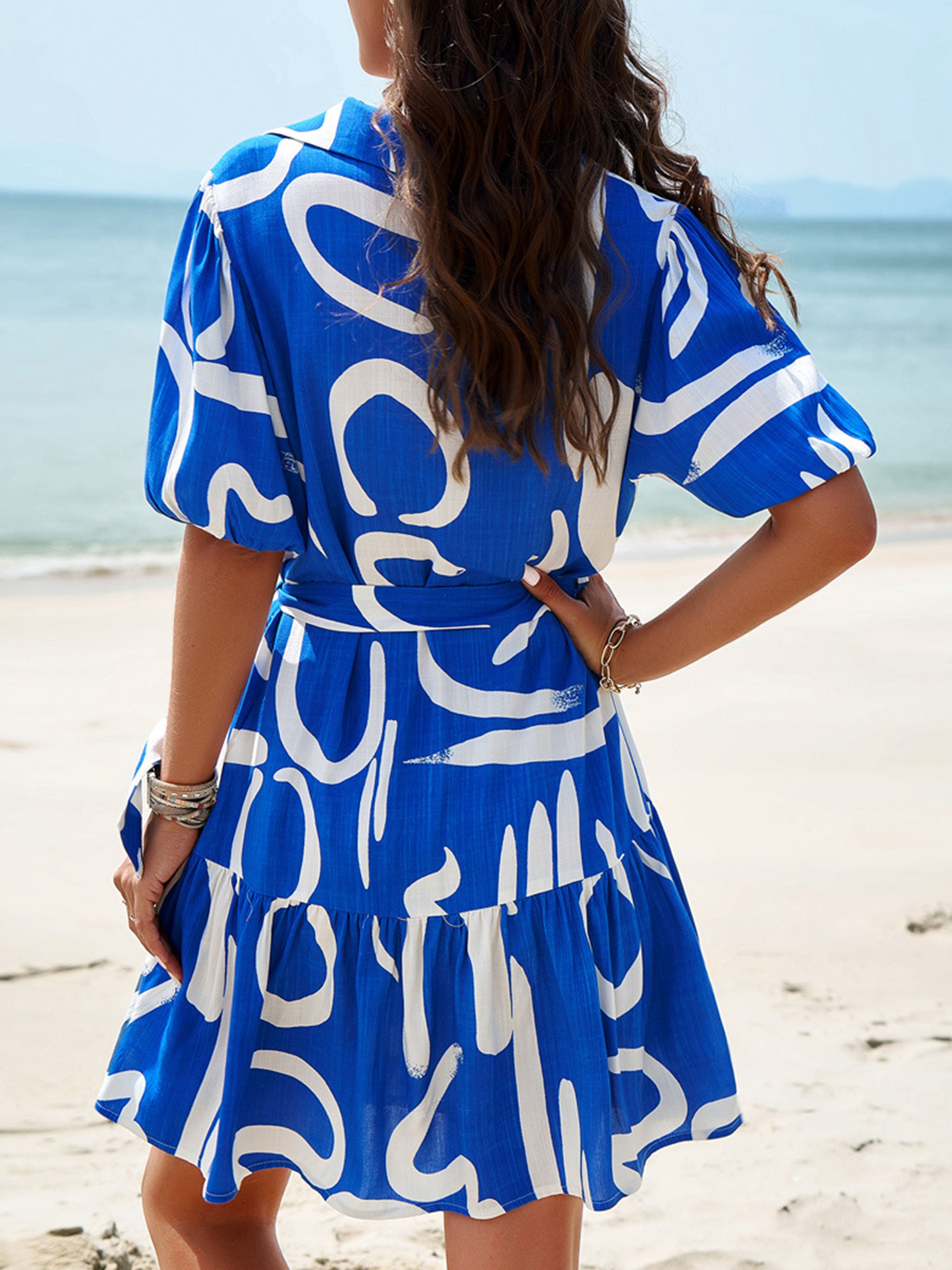 V Neck Elegant Geometric Print Short Sleeves Blue Wedding Guest Dress