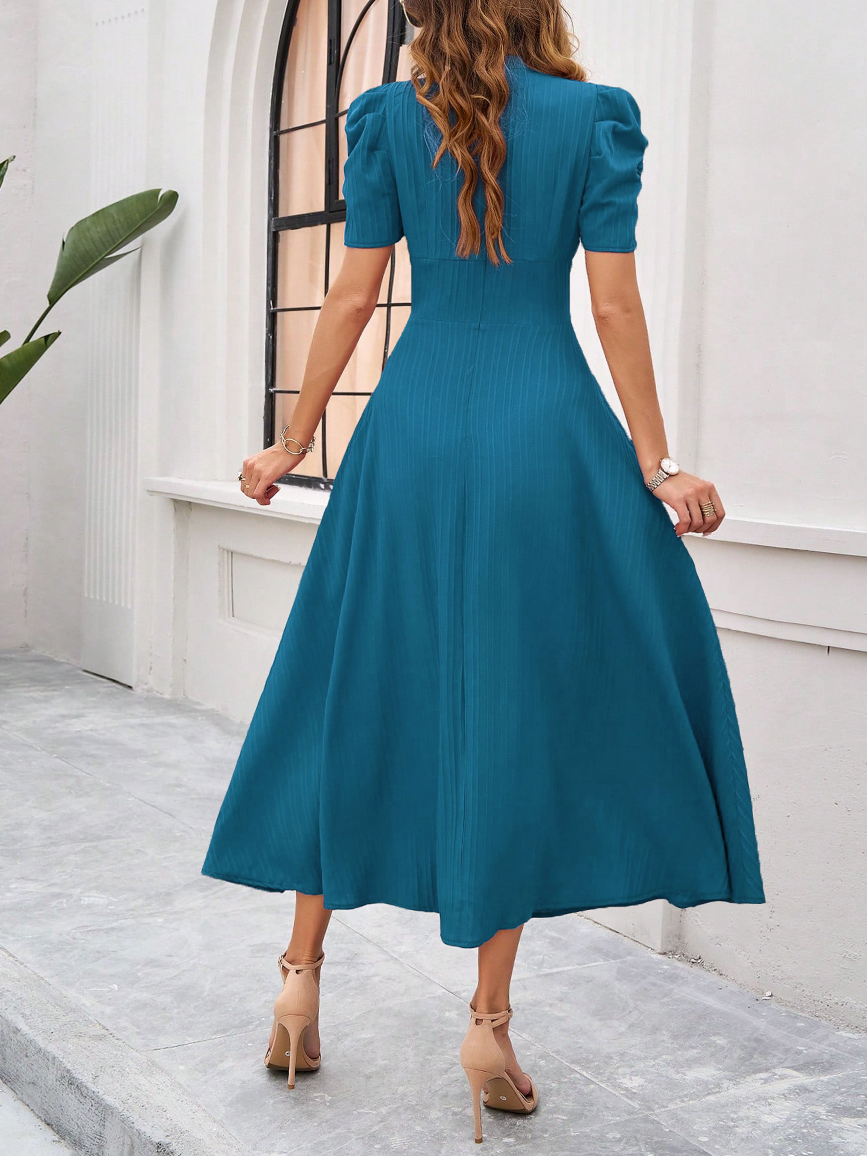 Elegant Empire Waist A Line Sleeves Ink Blue Wedding Guest Dress
