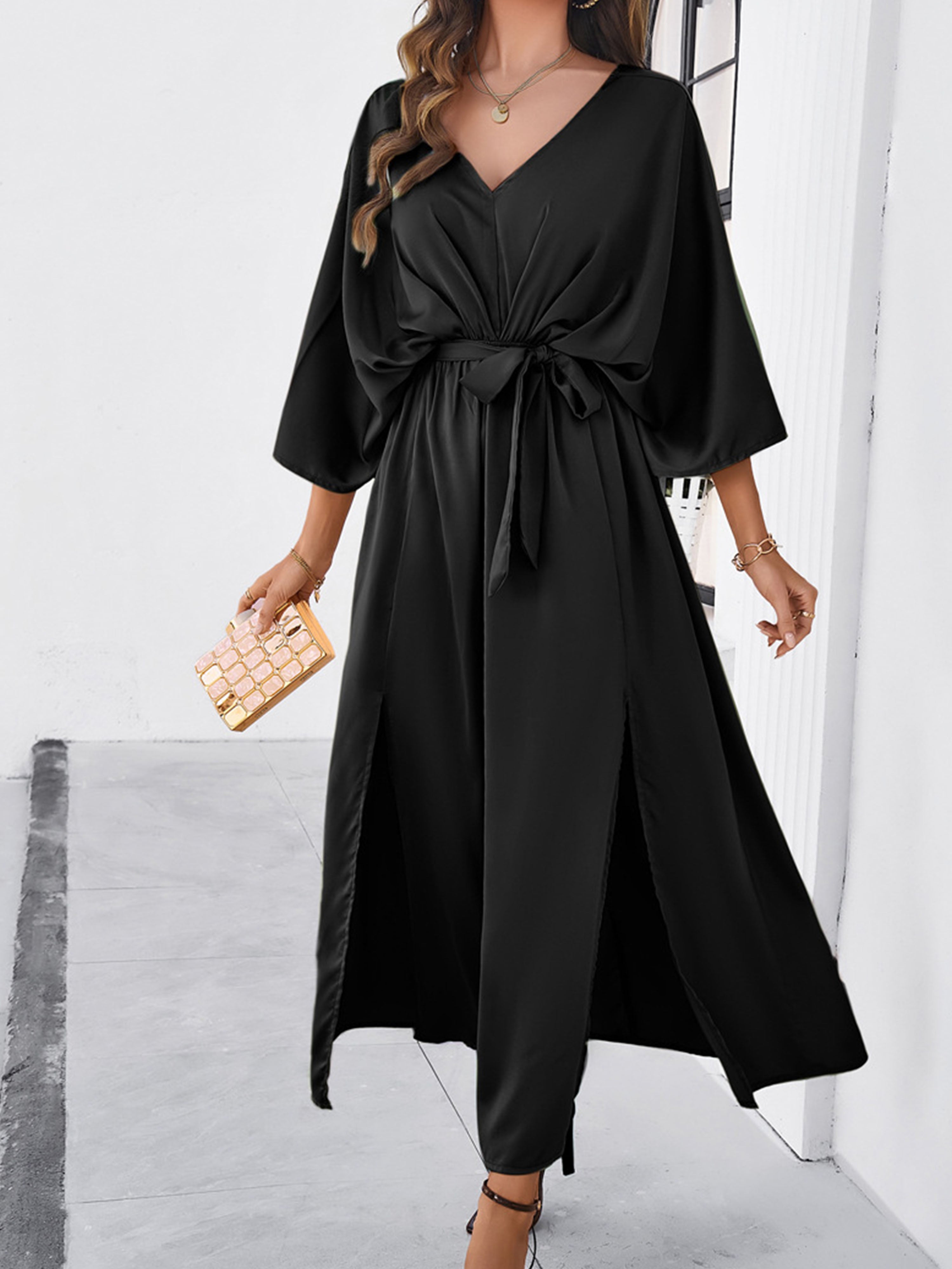 Elegant Black V-Neck Sleeves Split Wedding Guest Dress With Belt