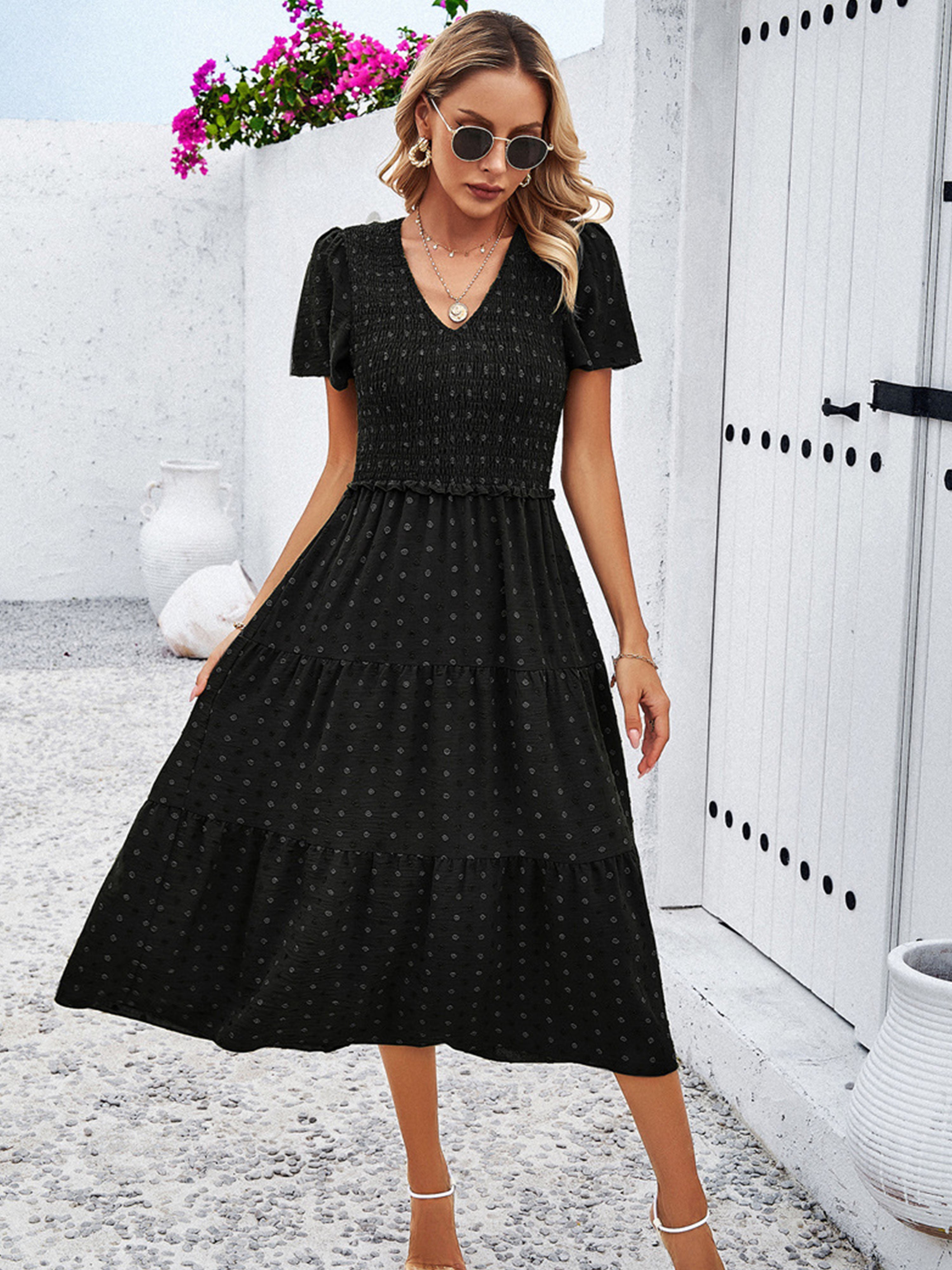 Casual Polka Dot V-Neck Short Sleeves Black Wedding Guest Dress