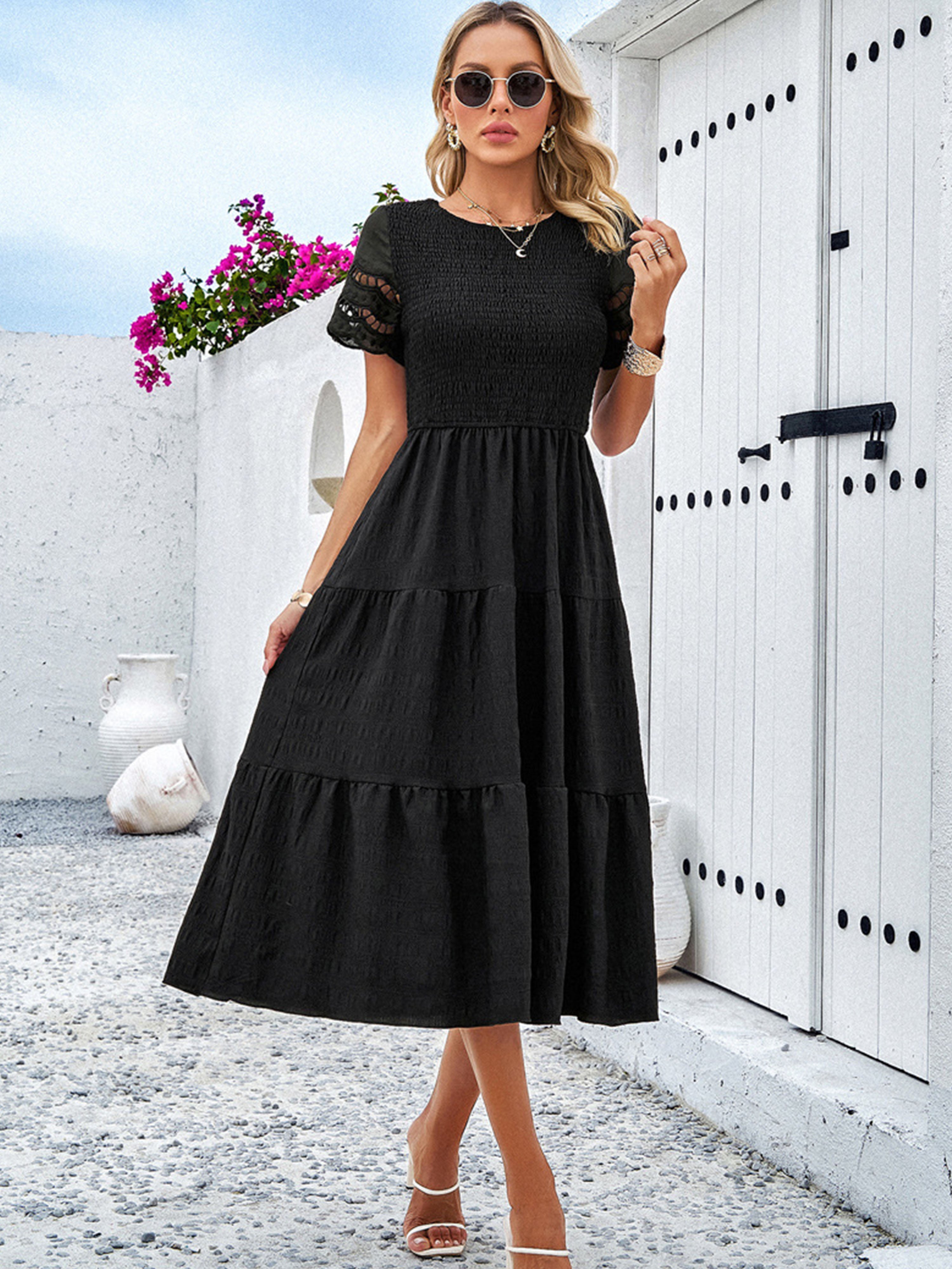 Black Solid Color A Line Round Neck Sleeves Wedding Guest Dress