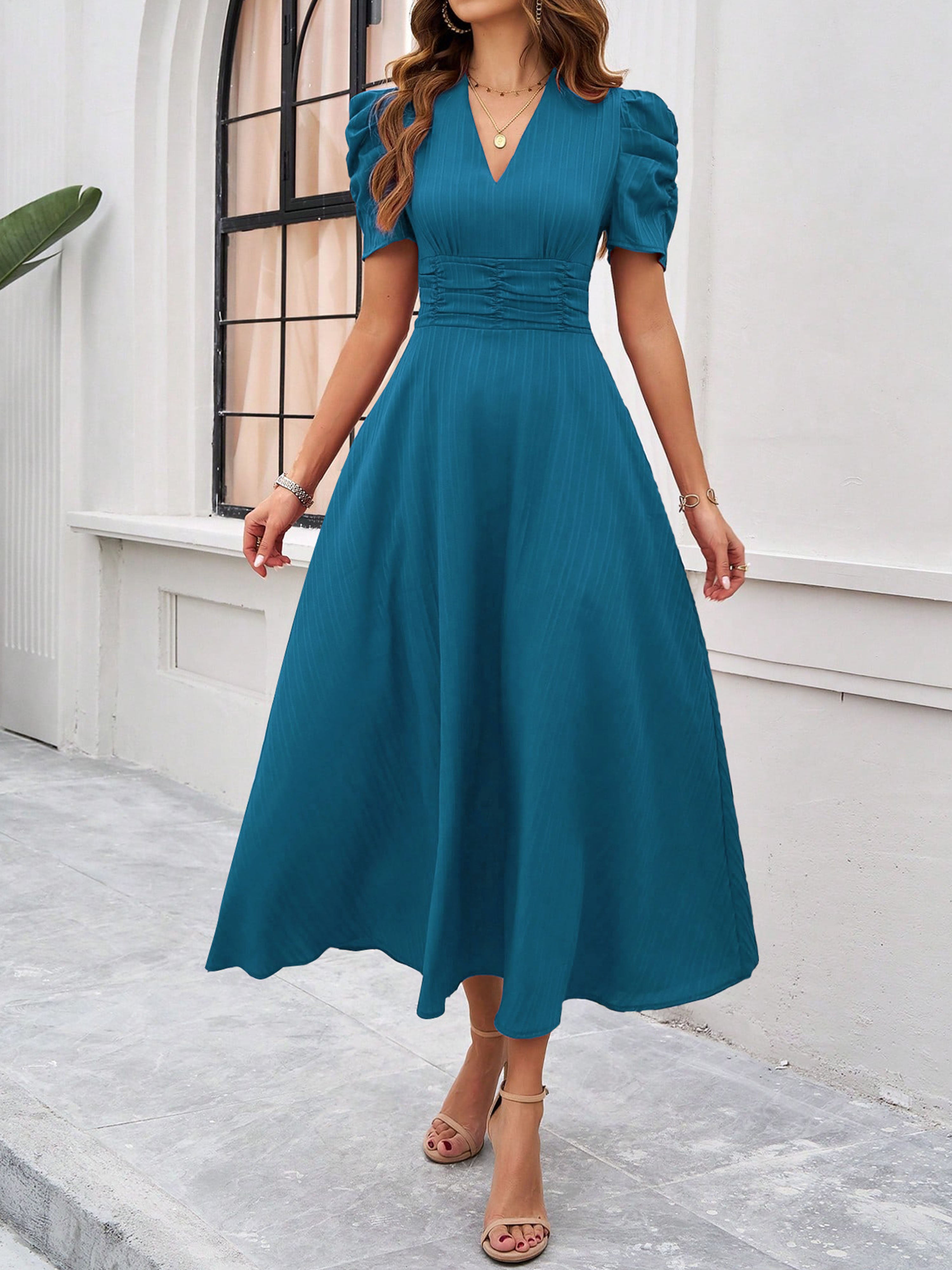 Elegant Empire Waist A Line Sleeves Ink Blue Wedding Guest Dress
