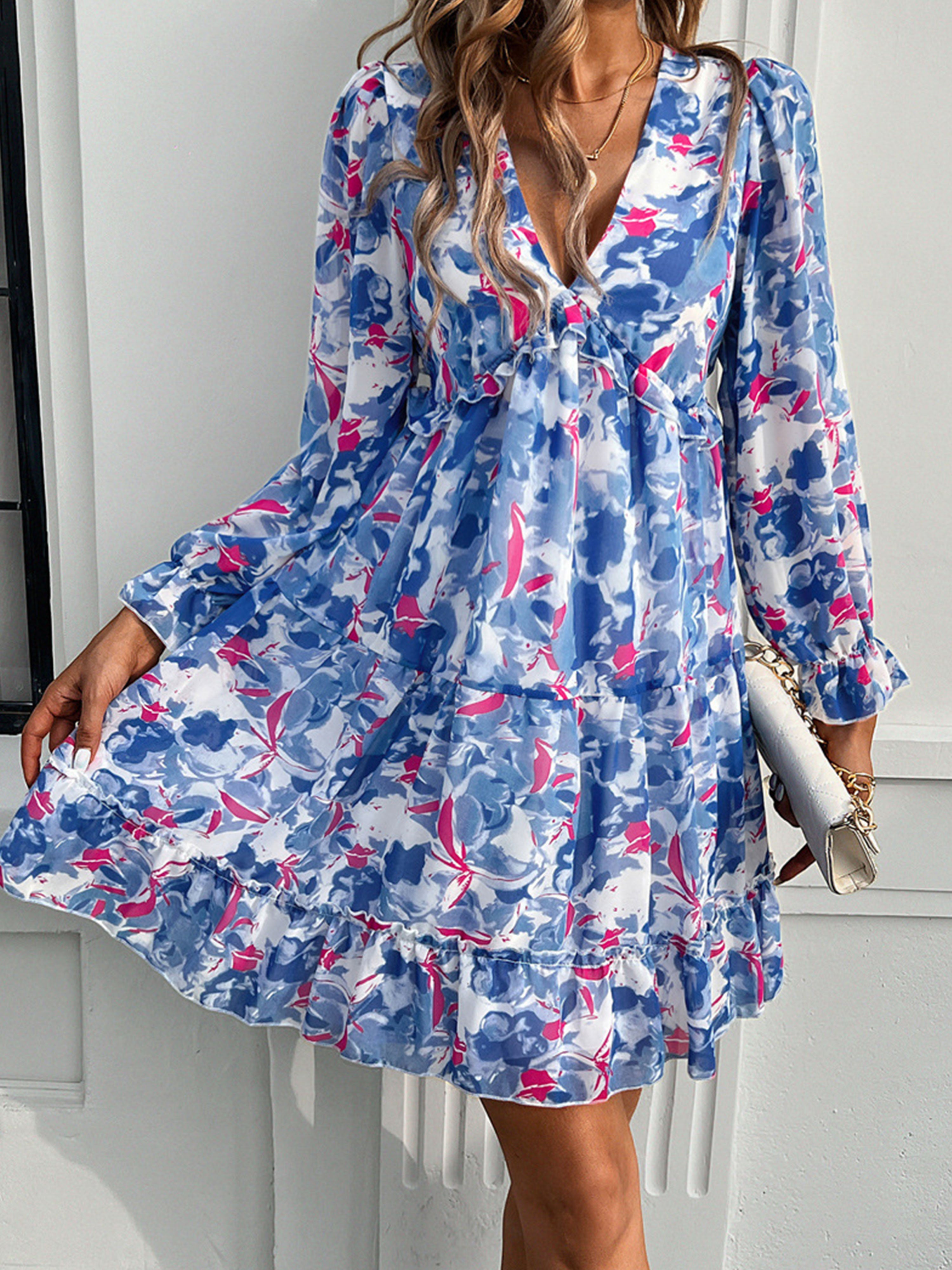 V Neck Blue A Line Long Sleeves Short Floral Wedding Guest Dress