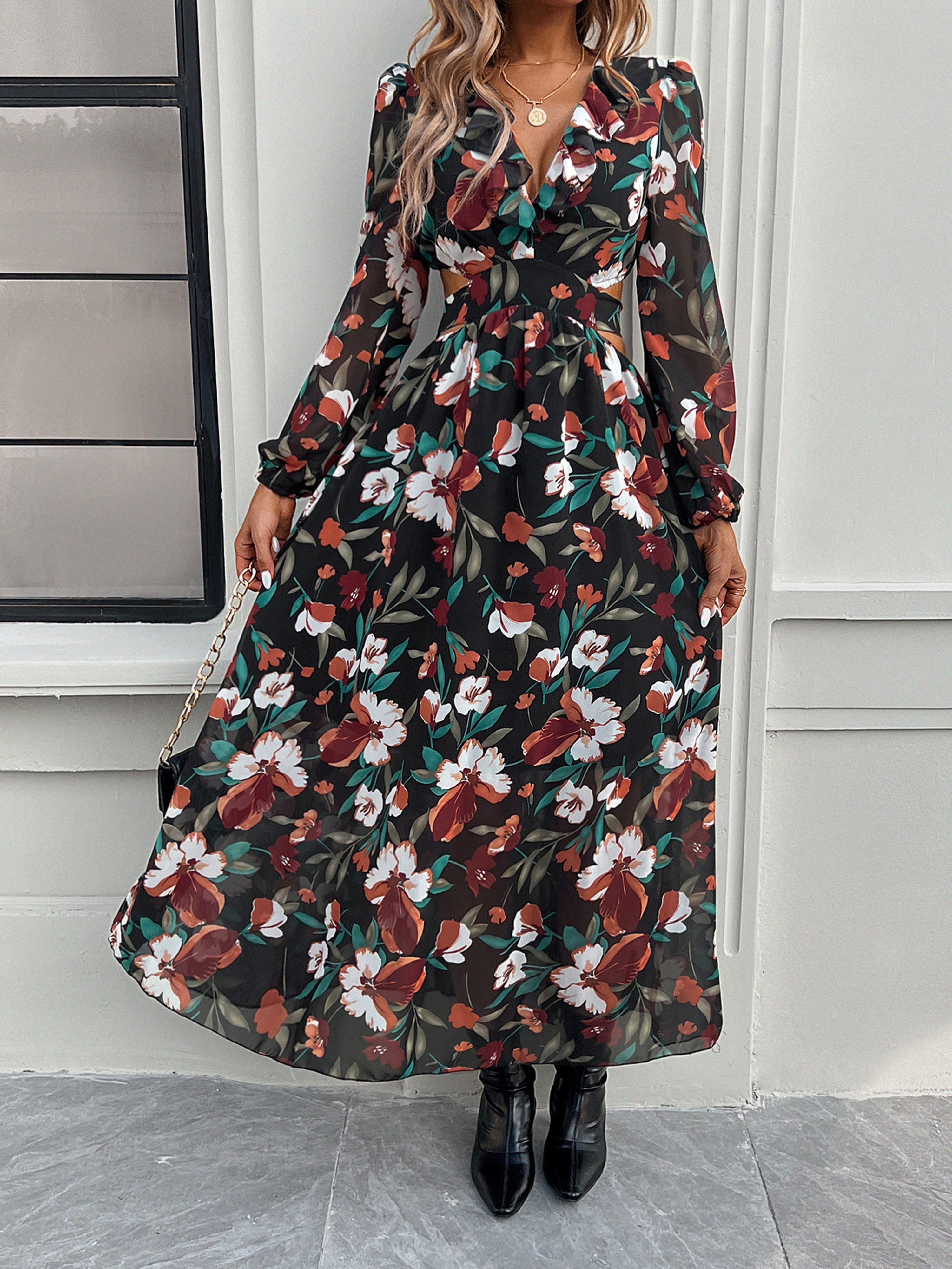 Floral V-Neck Black Long Sleeves A Line Wedding Guest Dress