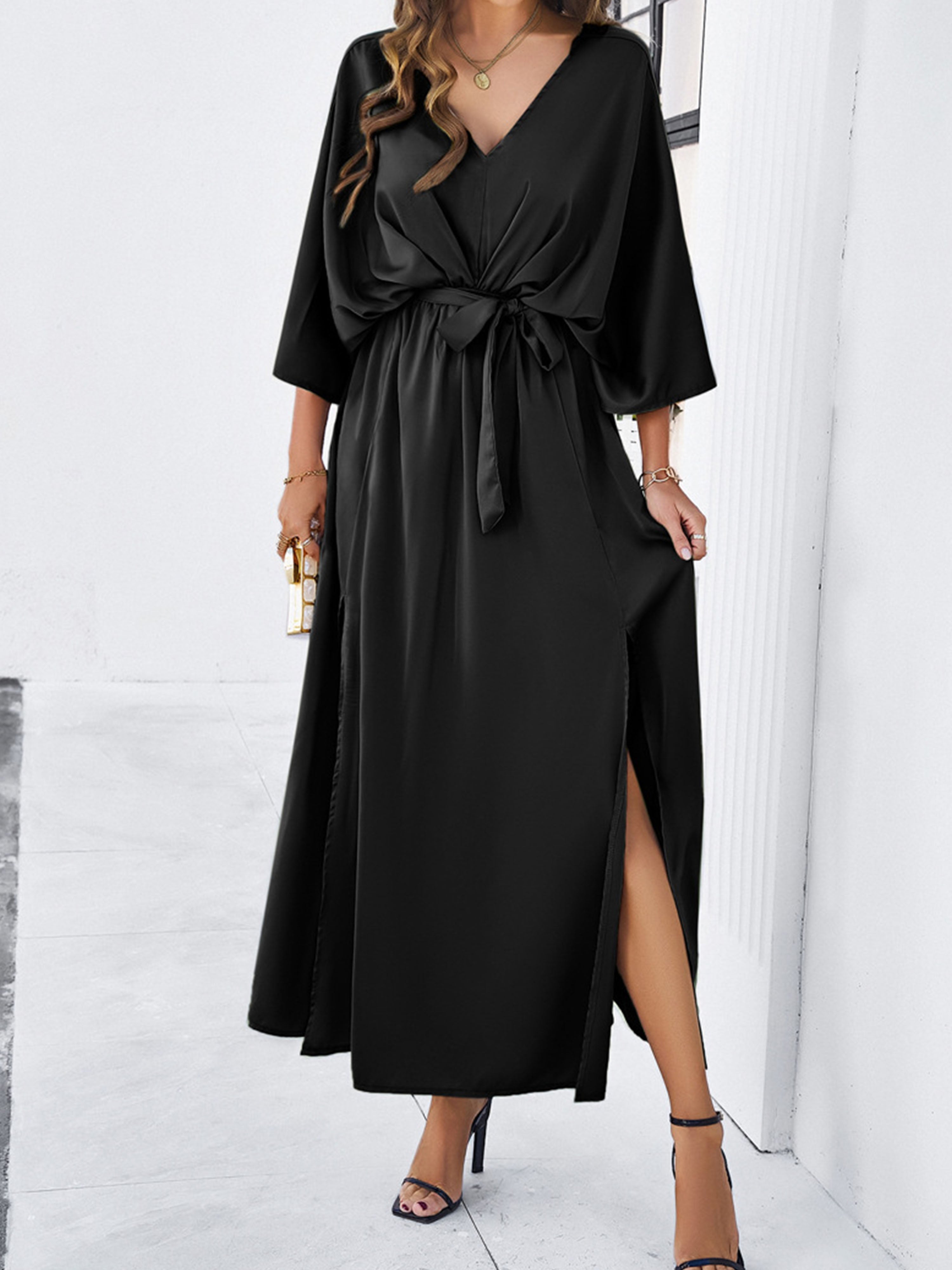 Elegant Black V-Neck Sleeves Split Wedding Guest Dress With Belt