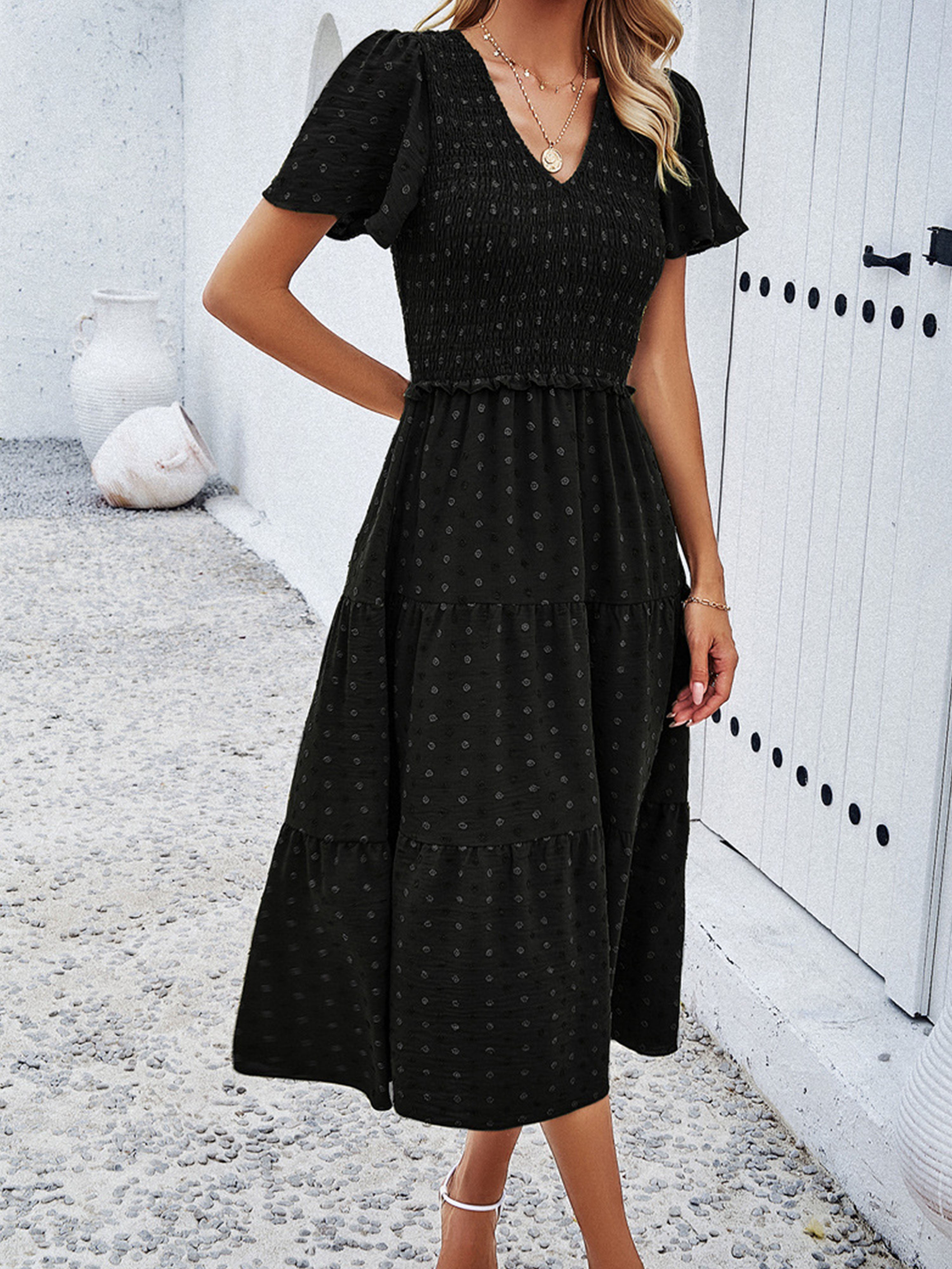 Casual Polka Dot V-Neck Short Sleeves Black Wedding Guest Dress