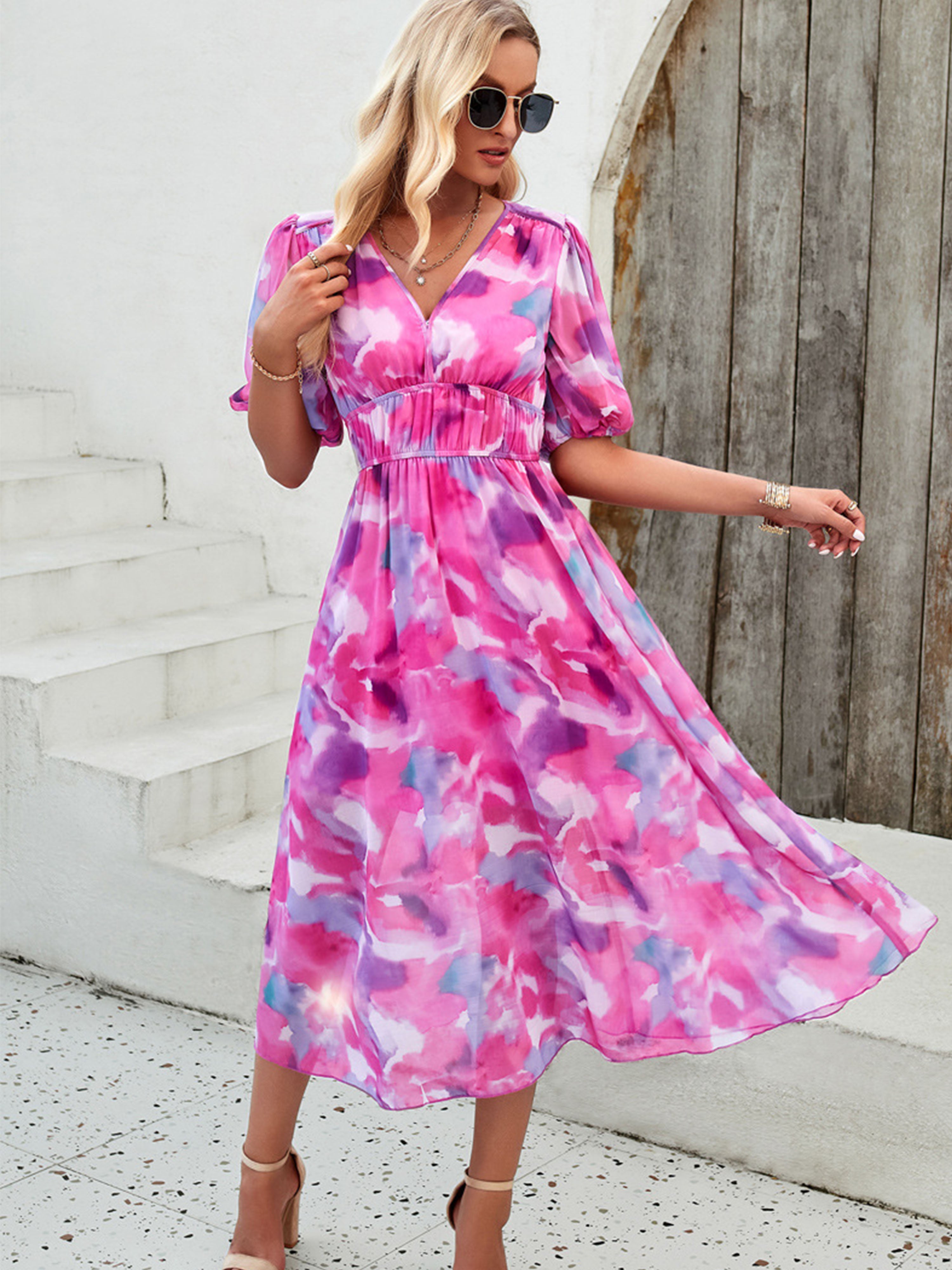 A Line Strappy Waisted Sleeves V Neck Fuchsia Wedding Guest Dress