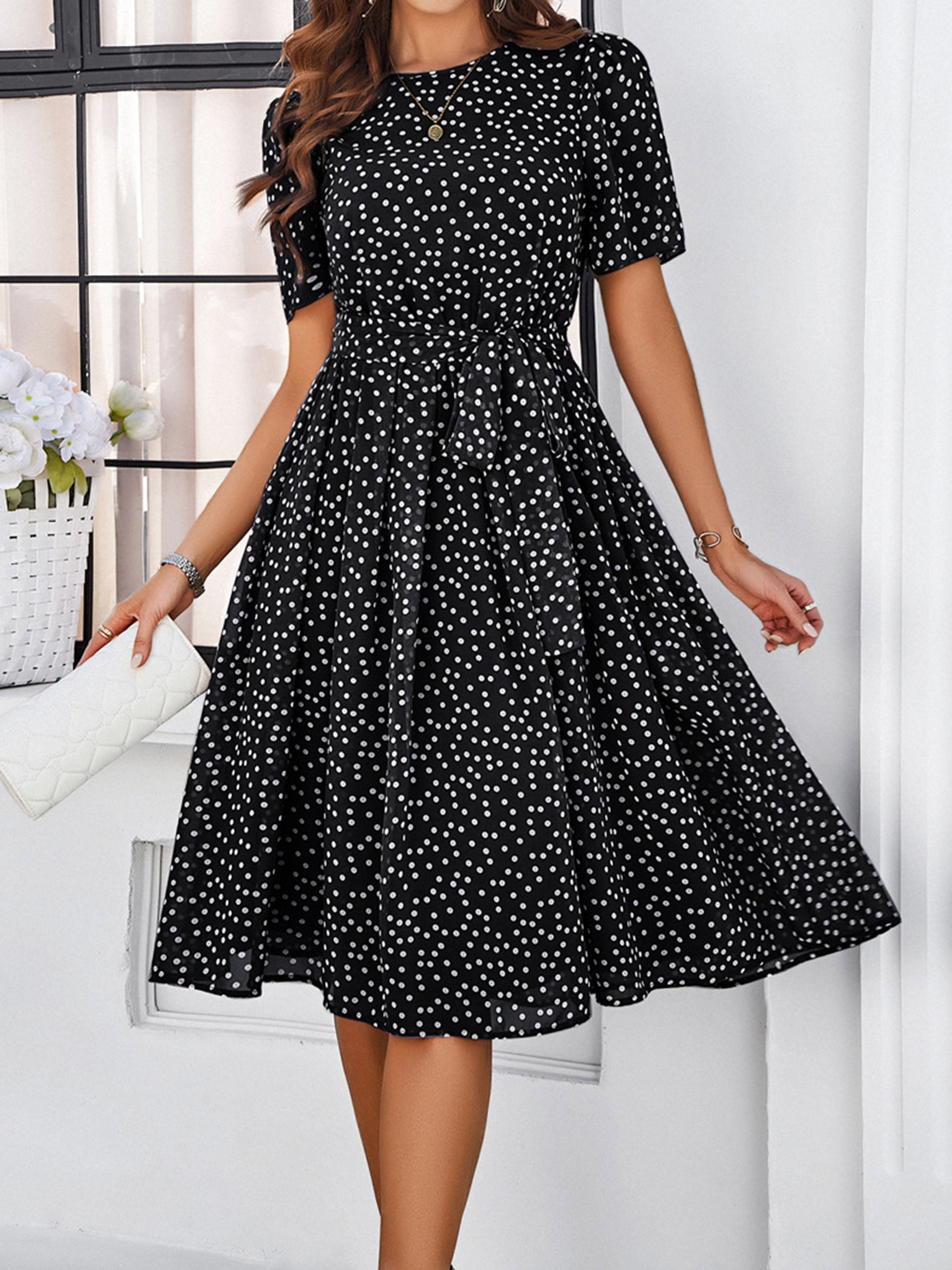 Casual Polka Dot Cowl Short Sleeves Black Wedding Guest Dress With Belt