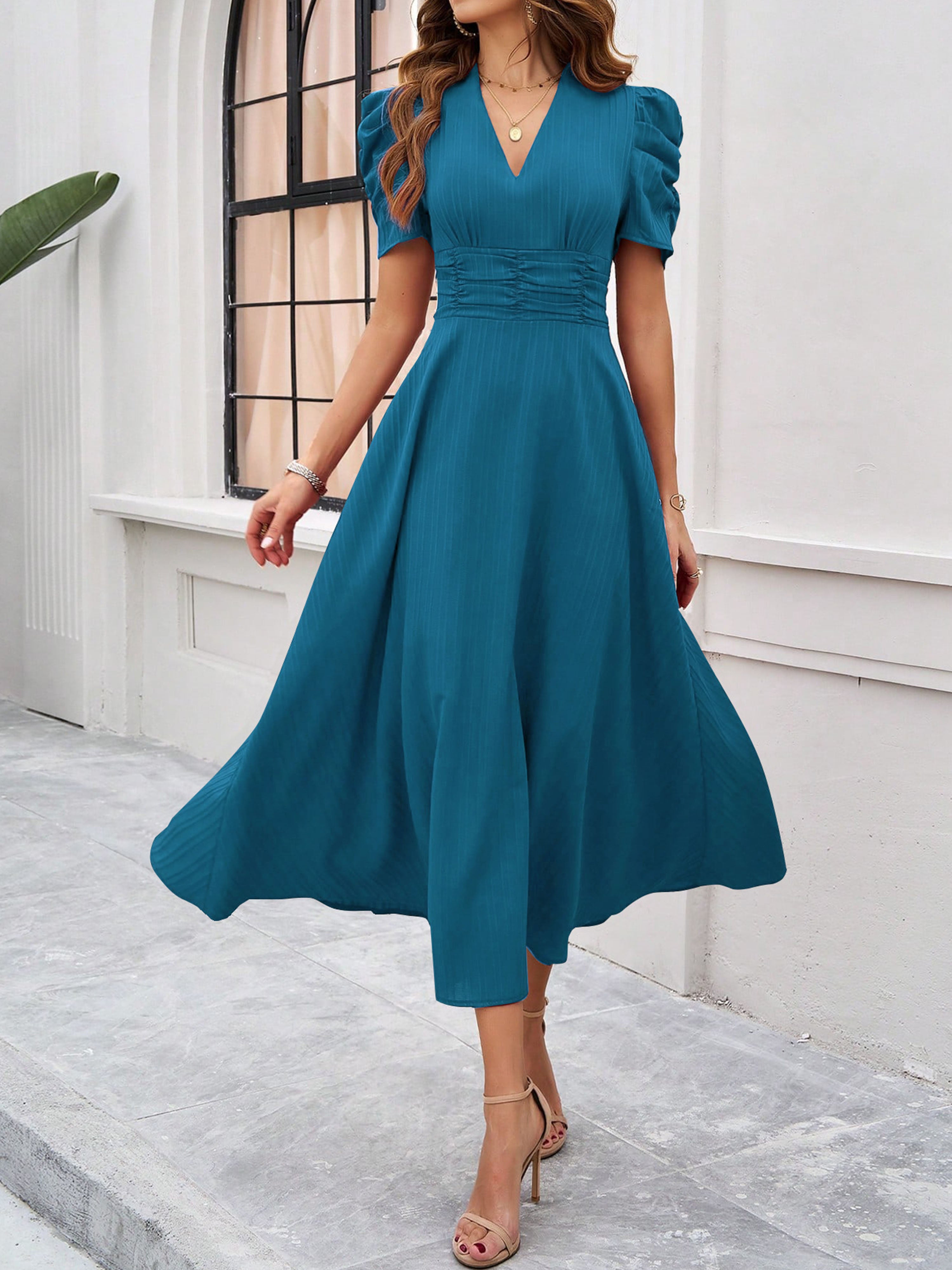 Elegant Empire Waist A Line Sleeves Ink Blue Wedding Guest Dress