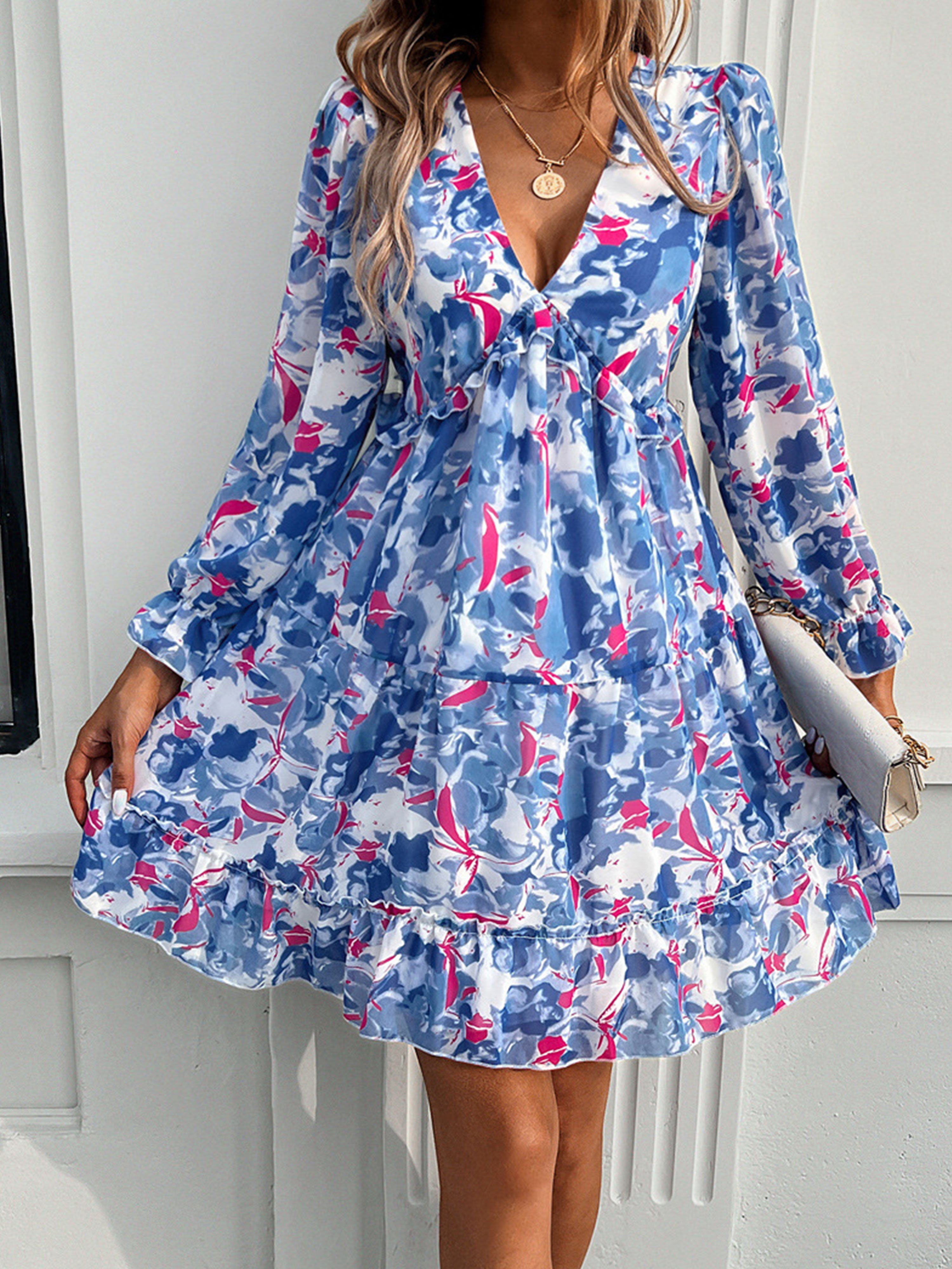 V Neck Blue A Line Long Sleeves Short Floral Wedding Guest Dress