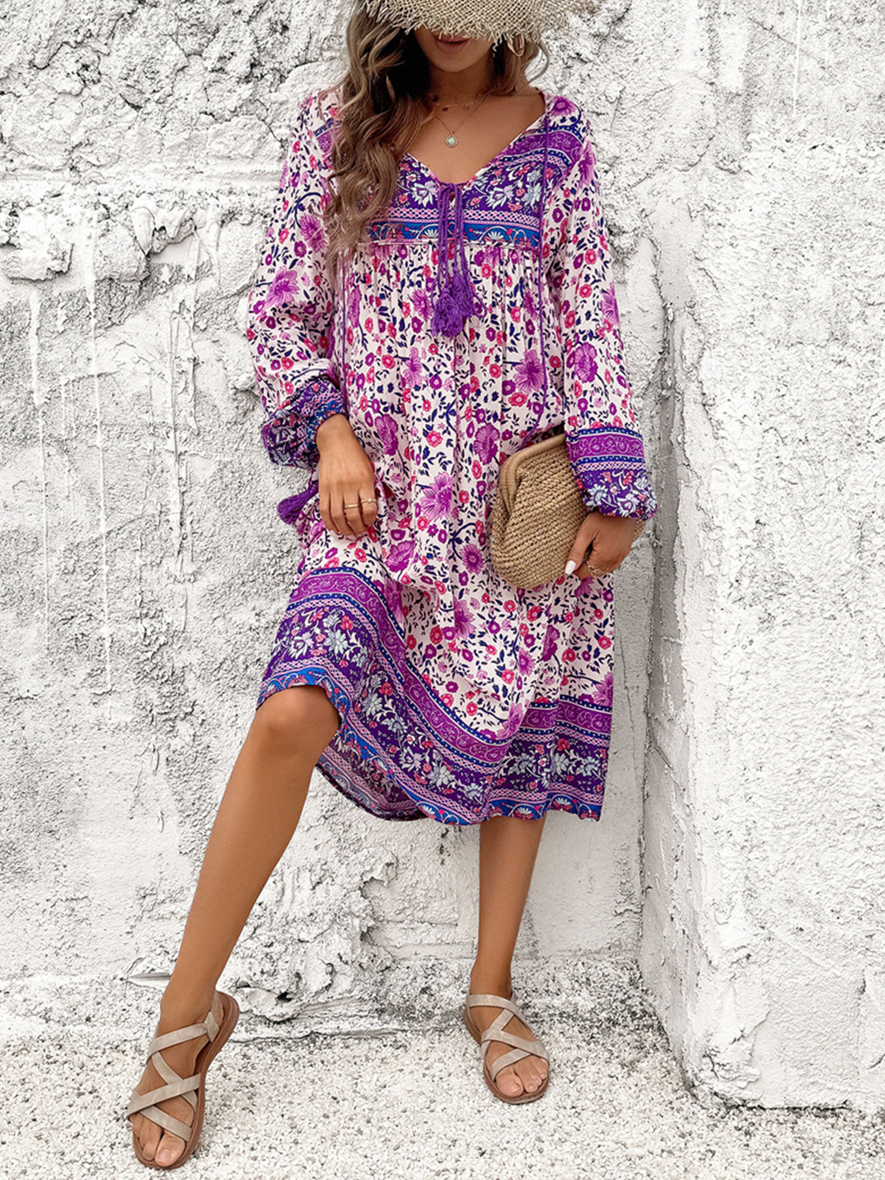 V-Neck Floral Boho A Line Long Sleeves Purple Wedding Guest Dress