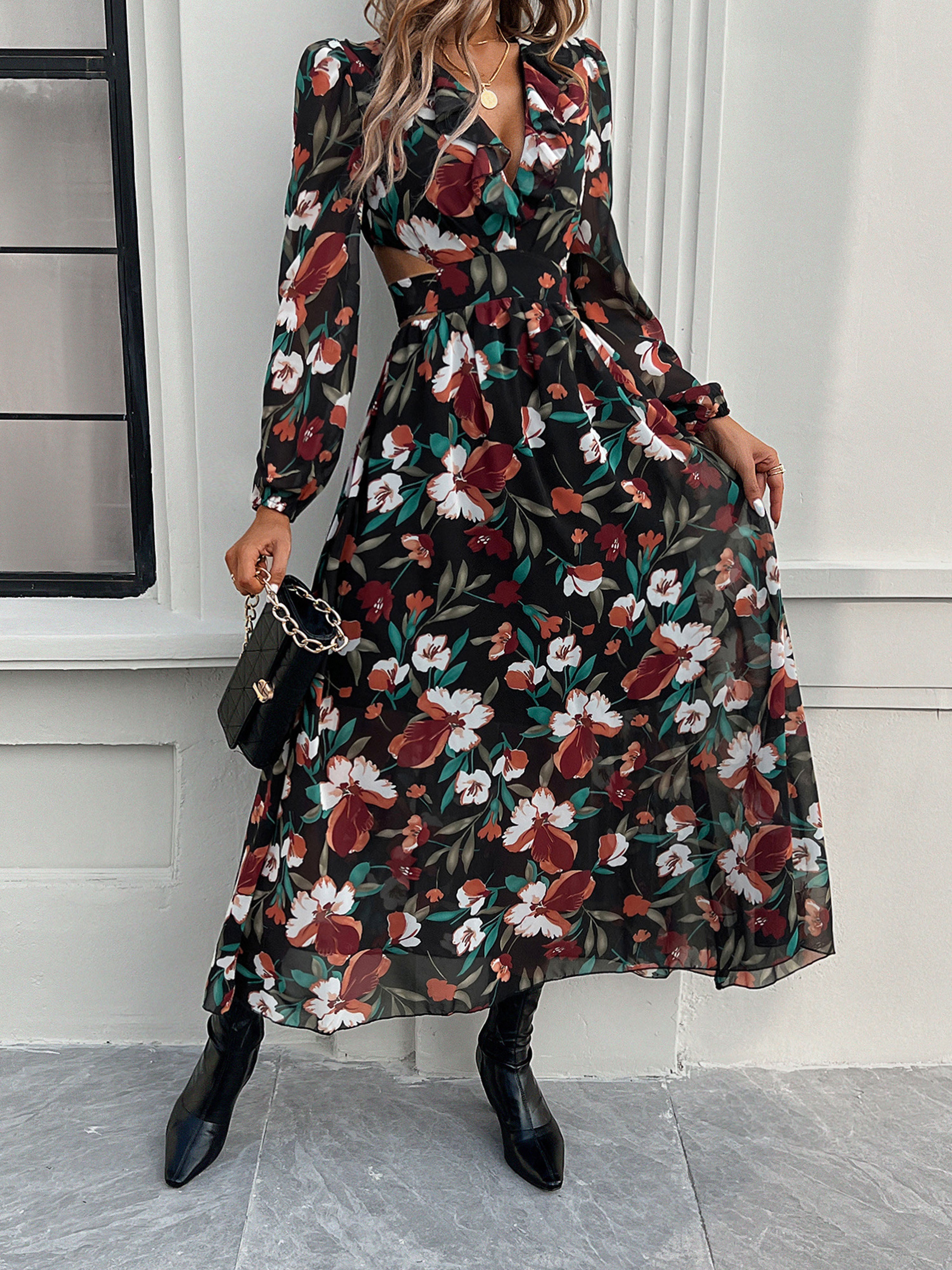 Floral V-Neck Black Long Sleeves A Line Wedding Guest Dress