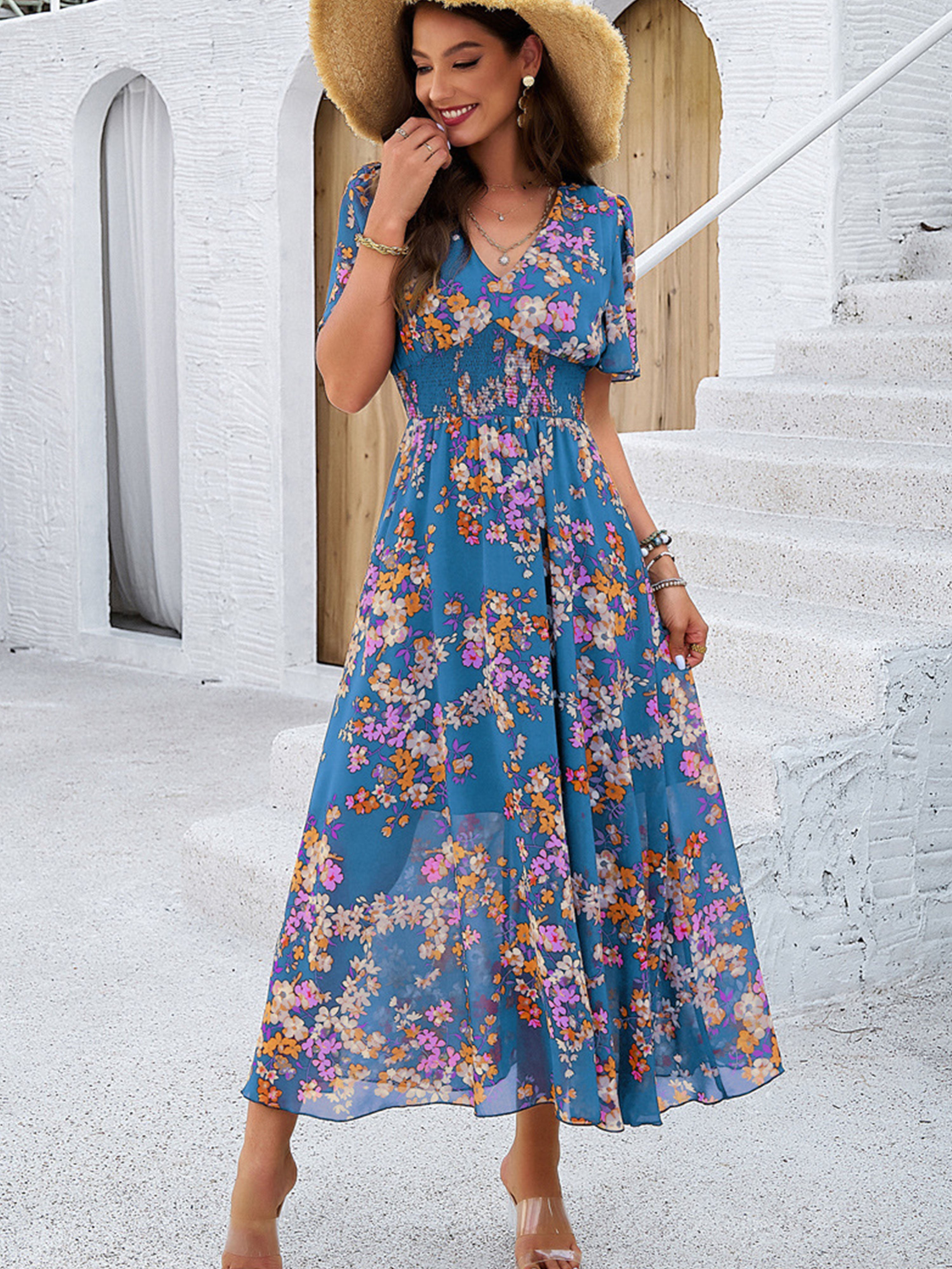 Floral Elegant V Neck Sleeves Blue Long Wedding Guest Dress