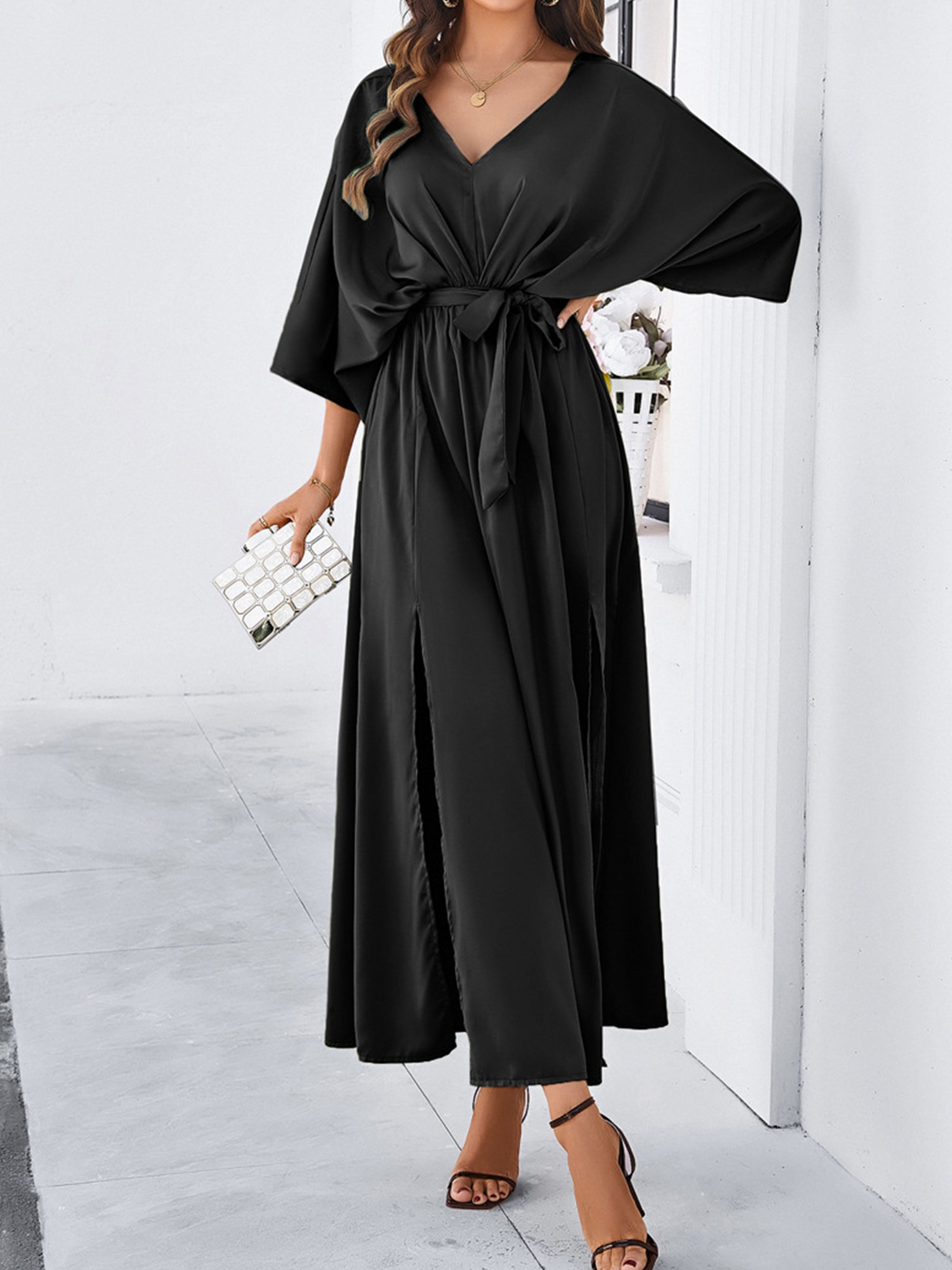 Elegant Black V-Neck Sleeves Split Wedding Guest Dress With Belt