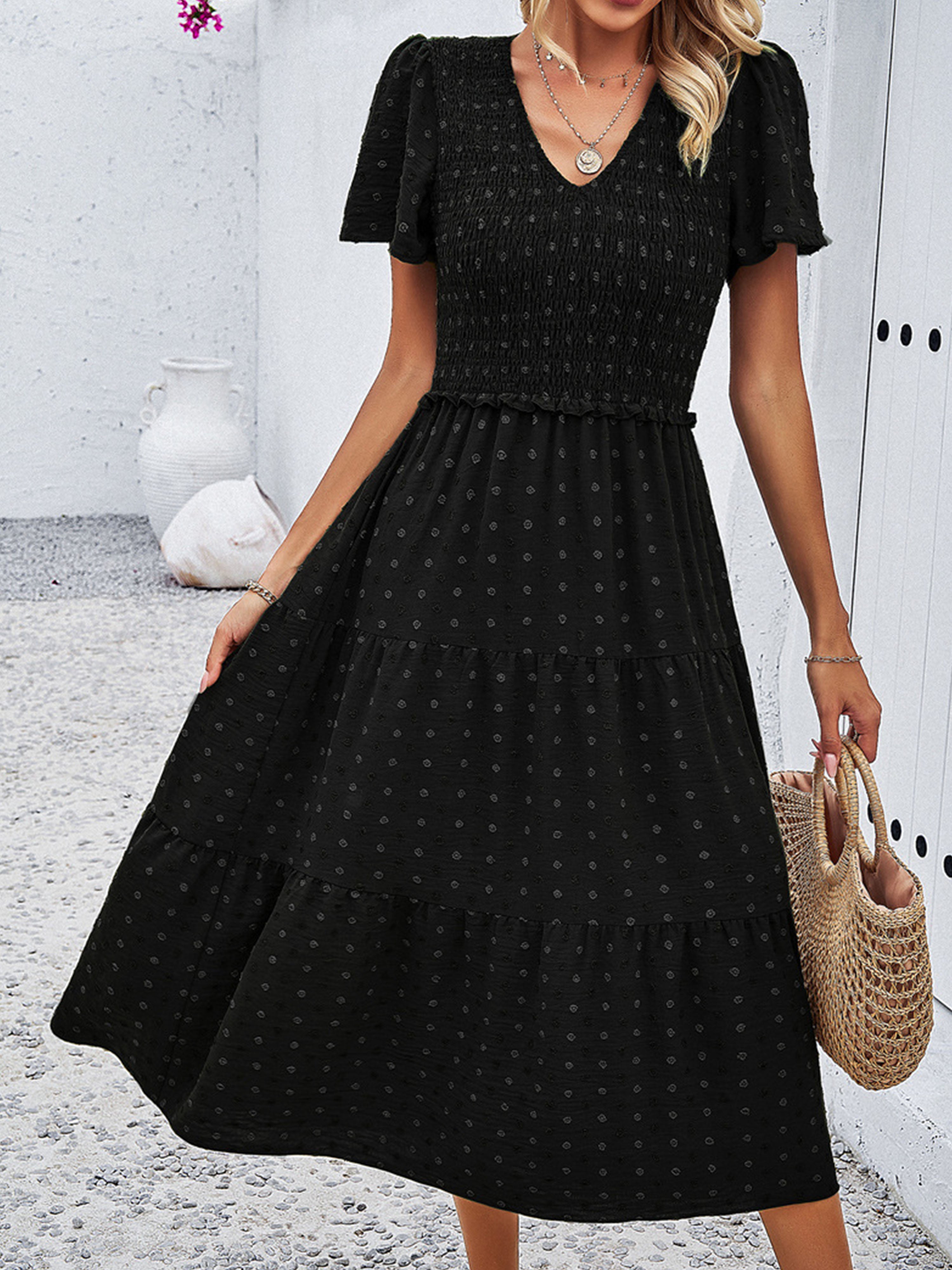 Casual Polka Dot V-Neck Short Sleeves Black Wedding Guest Dress