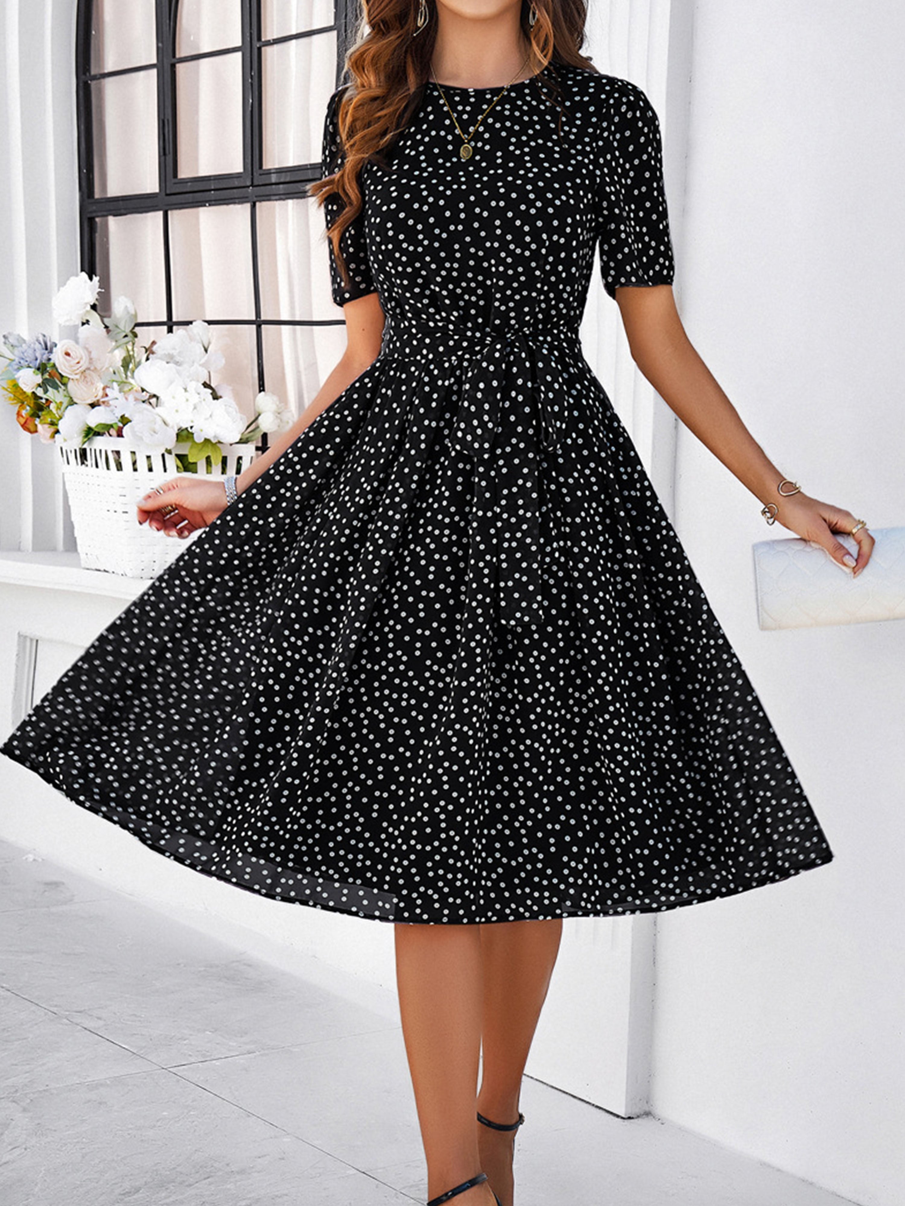 Casual Polka Dot Cowl Short Sleeves Black Wedding Guest Dress With Belt