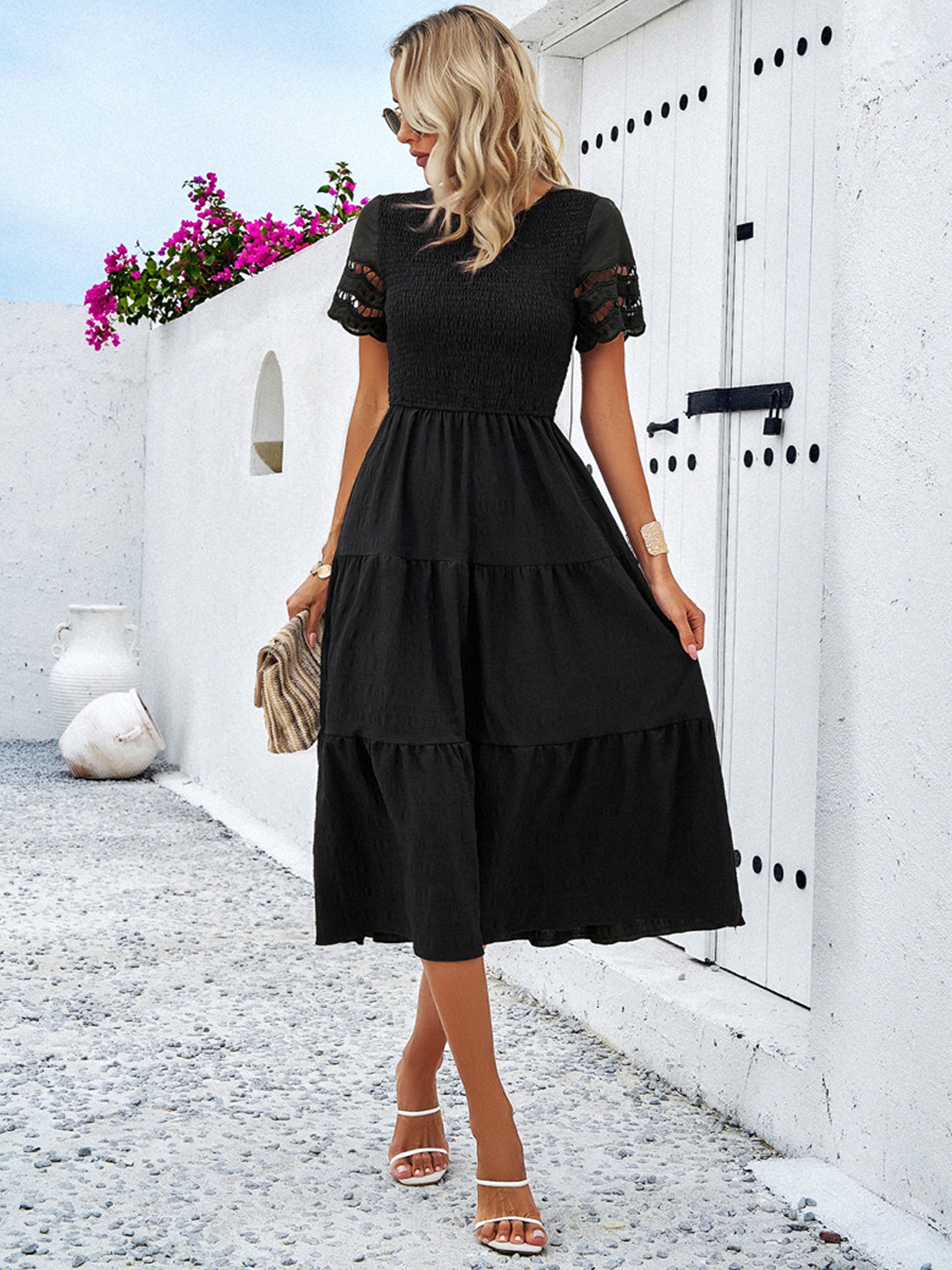 Black Solid Color A Line Round Neck Sleeves Wedding Guest Dress