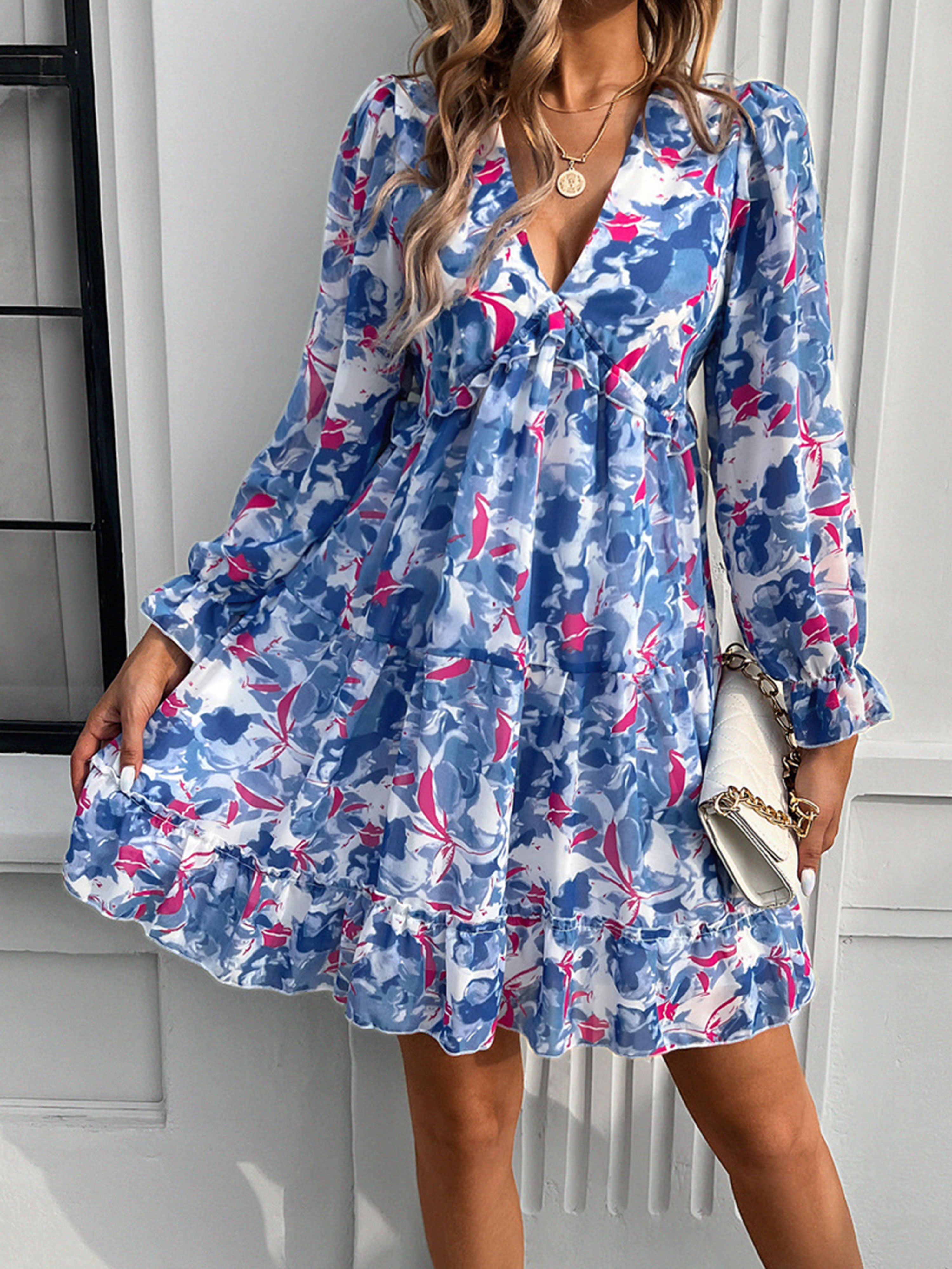 V Neck Blue A Line Long Sleeves Short Floral Wedding Guest Dress