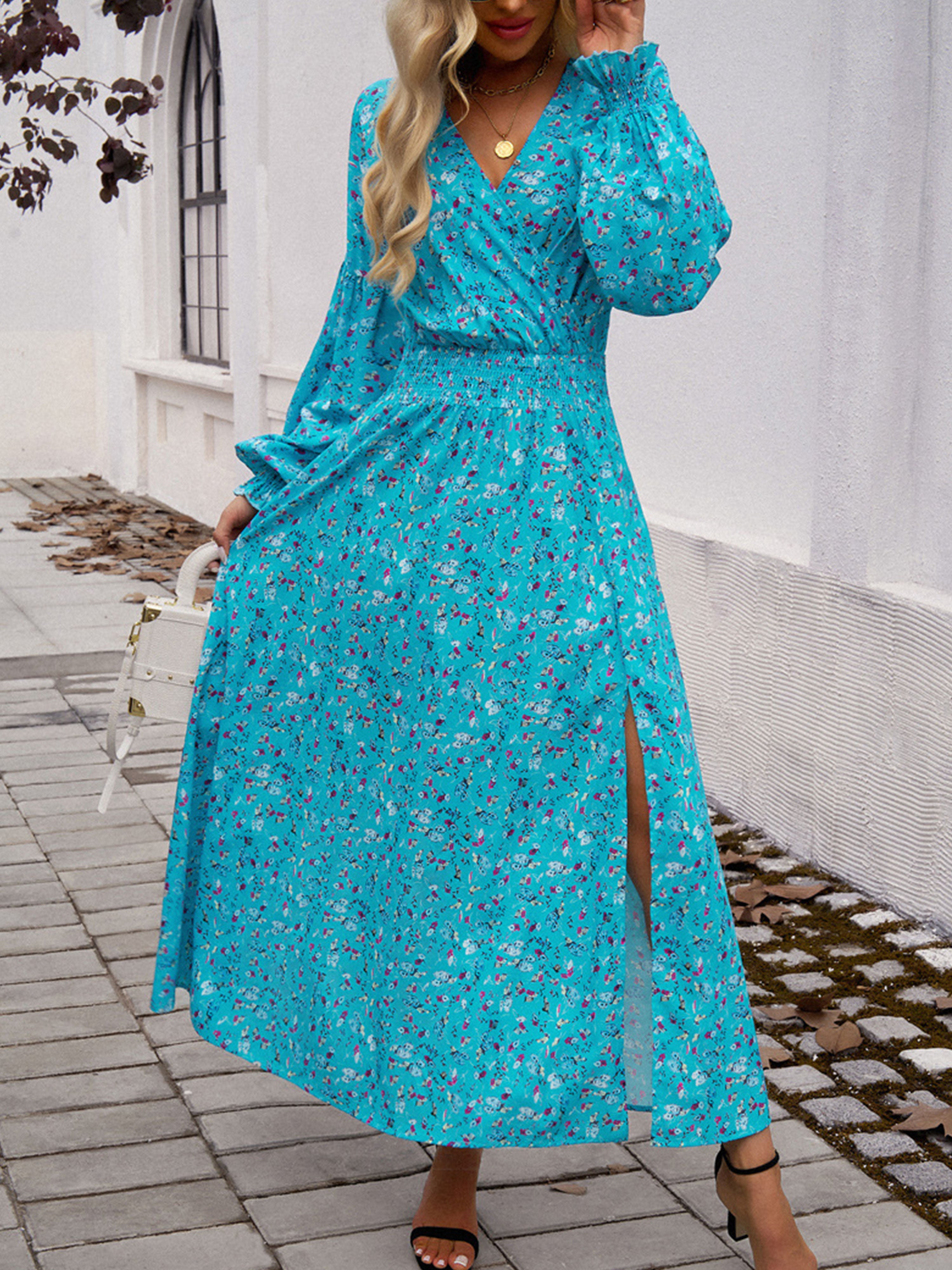 Empire Waist V Neck Long Sleeves Jade Wedding Guest Dress With Split