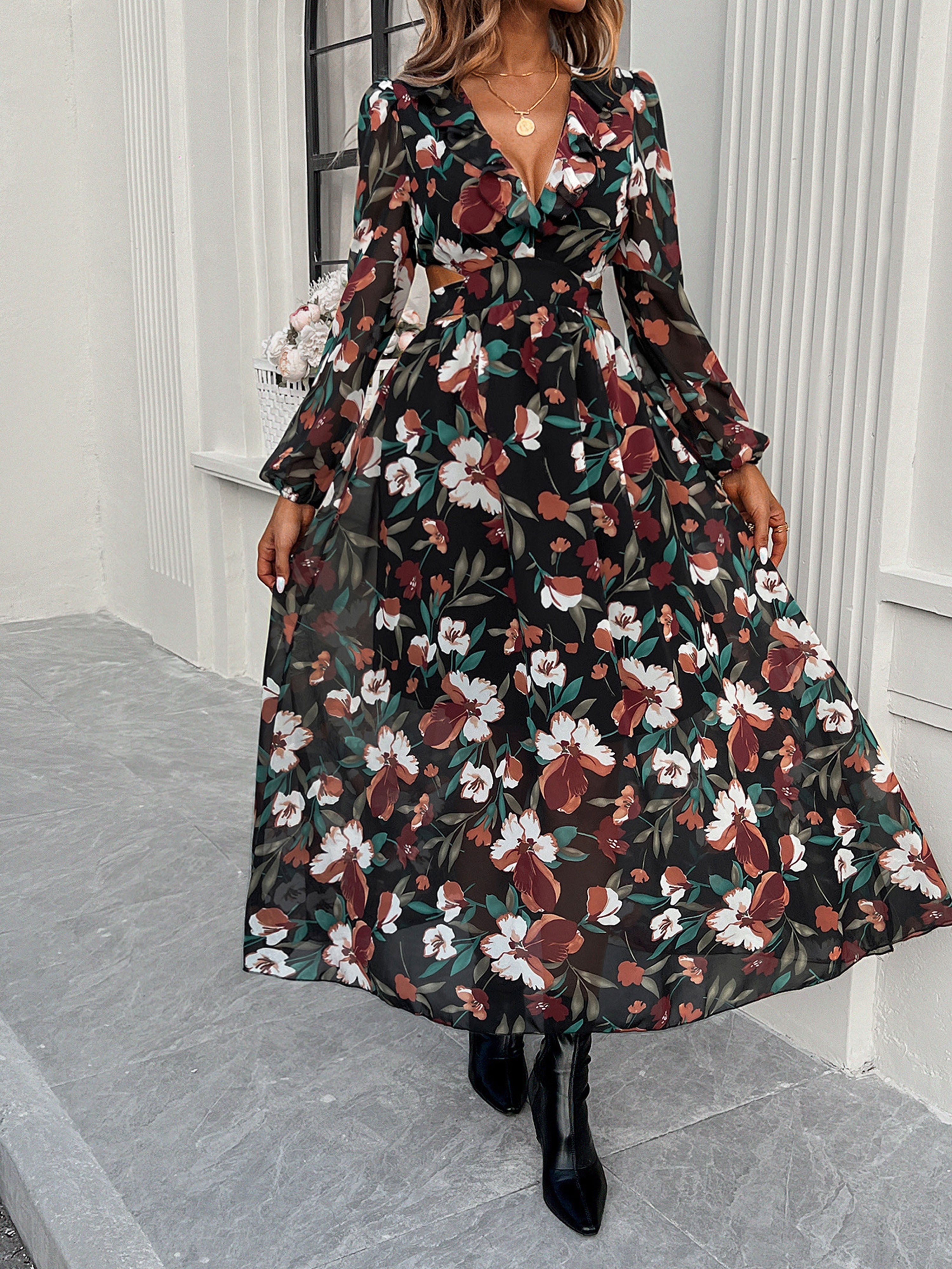 Floral V-Neck Black Long Sleeves A Line Wedding Guest Dress