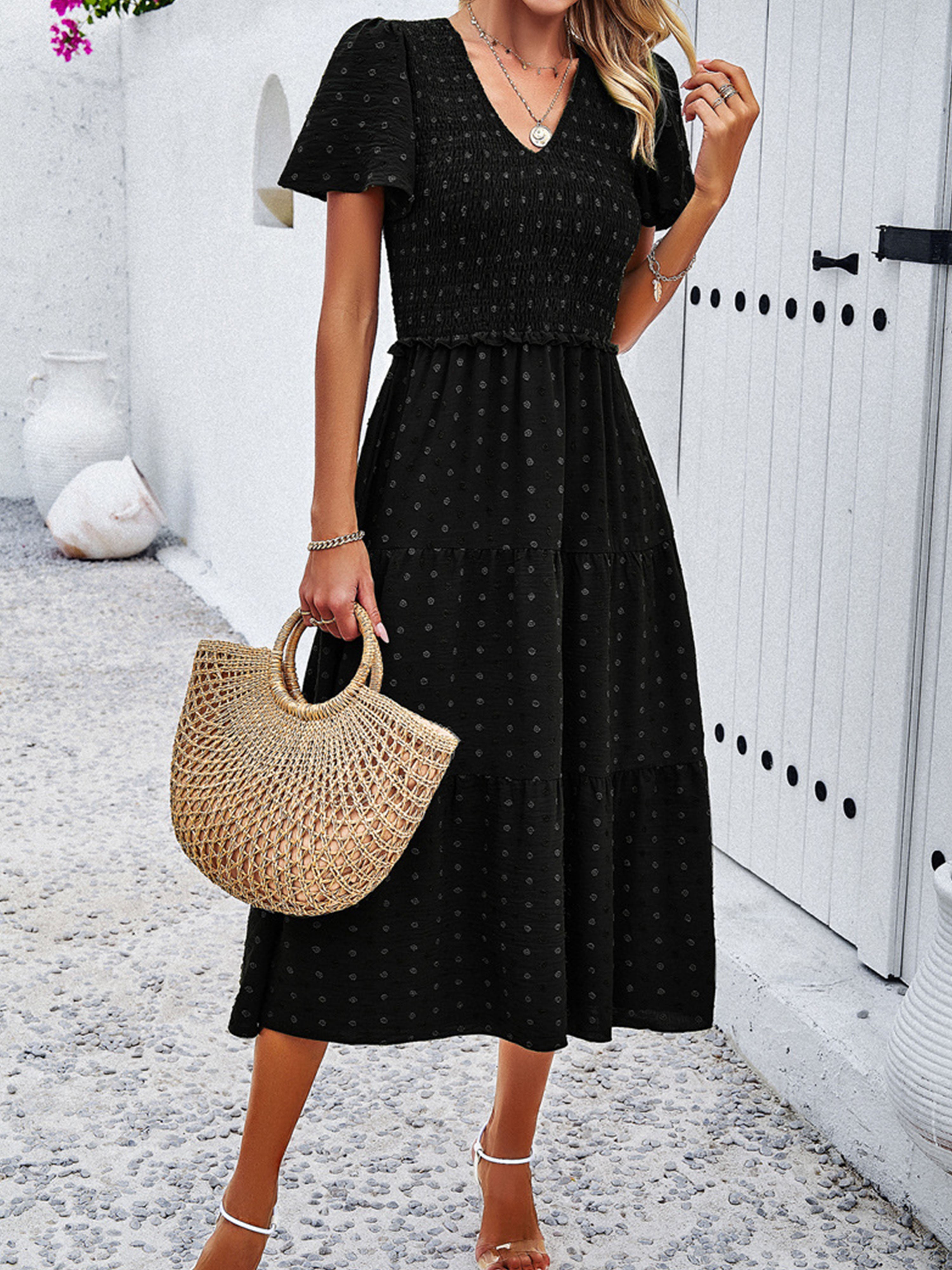 Casual Polka Dot V-Neck Short Sleeves Black Wedding Guest Dress