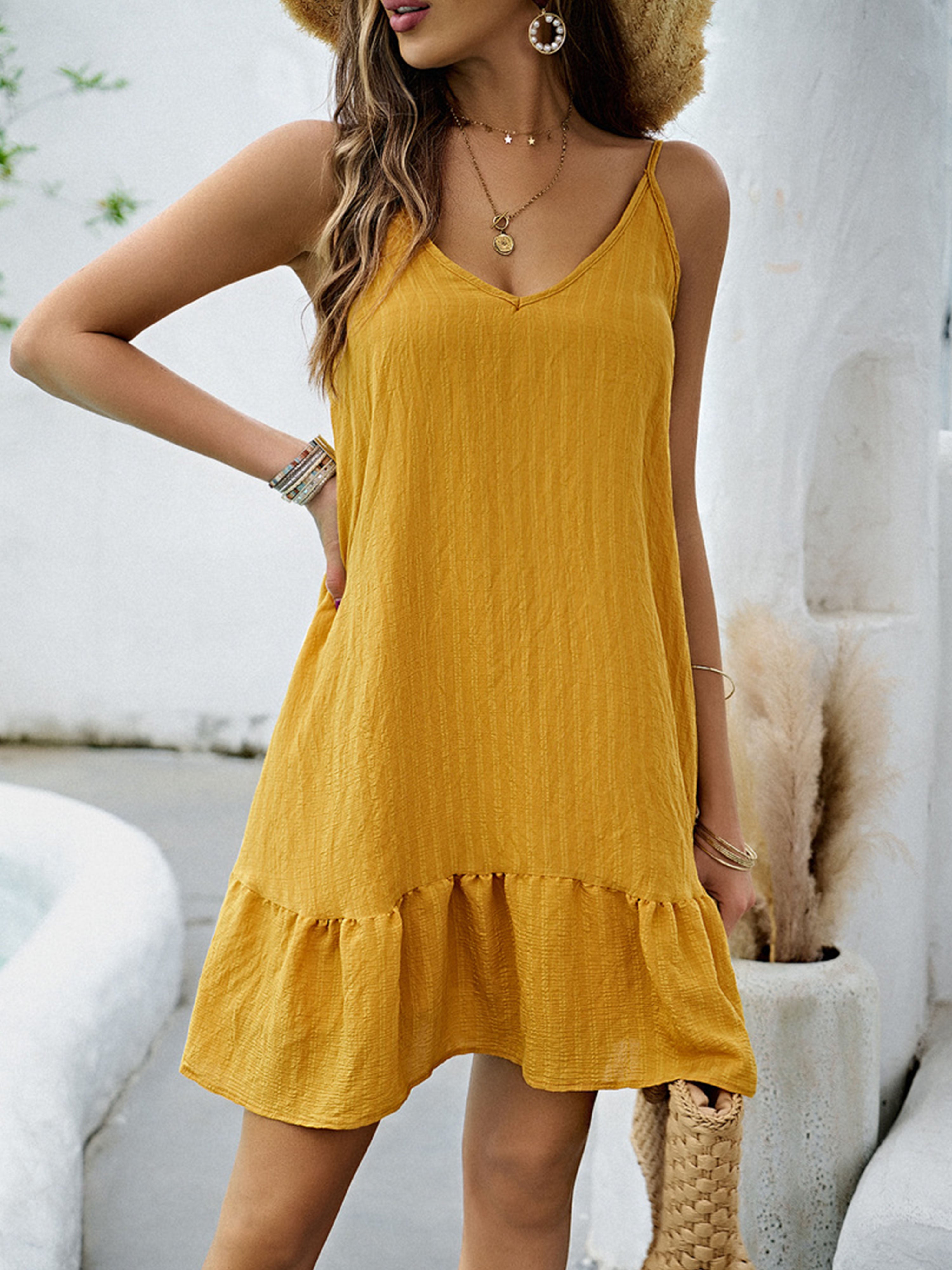 Marigold Solid Color V Neck Sleeveless Short Wedding Guest Dress