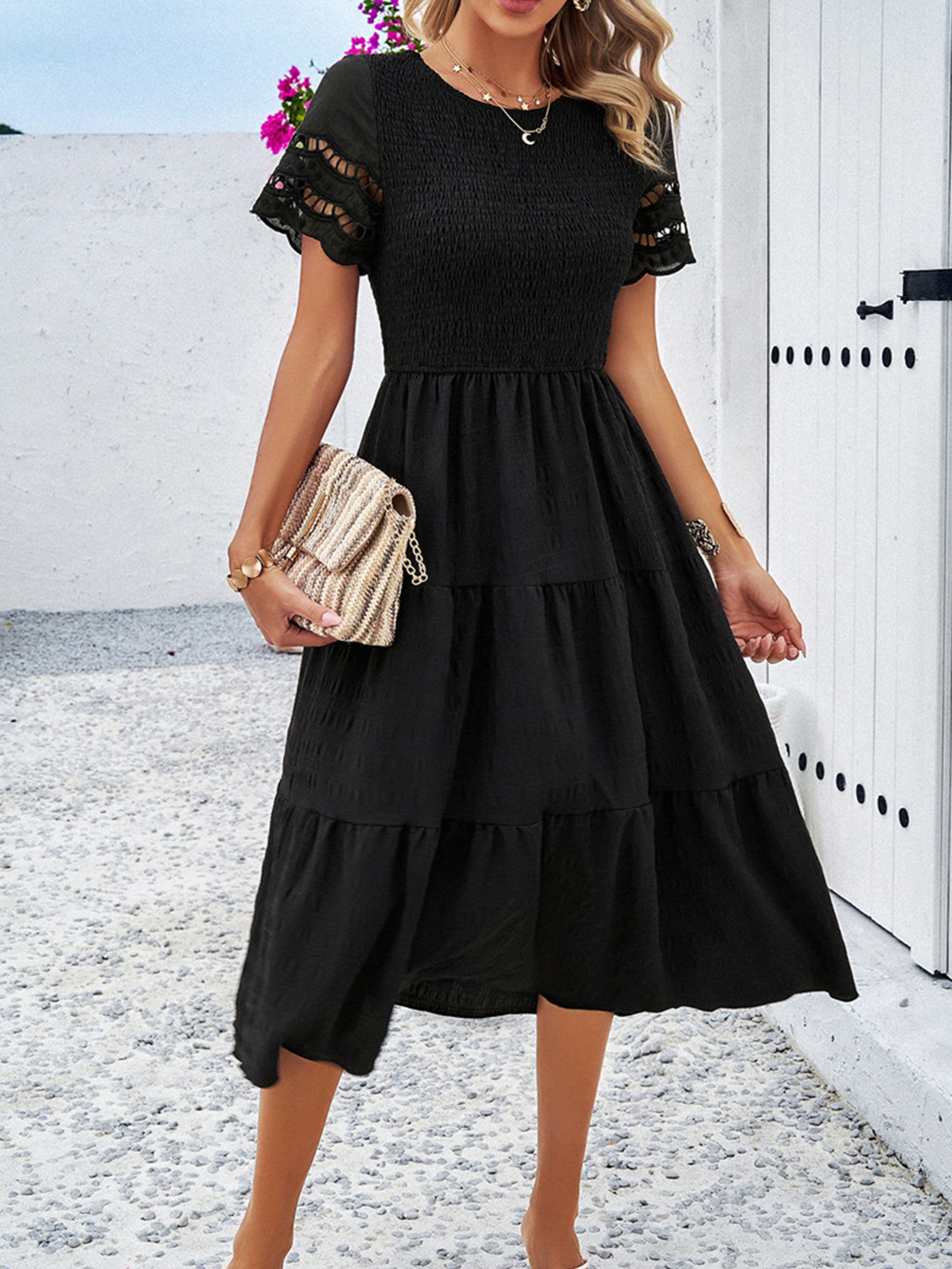 Black Solid Color A Line Round Neck Sleeves Wedding Guest Dress