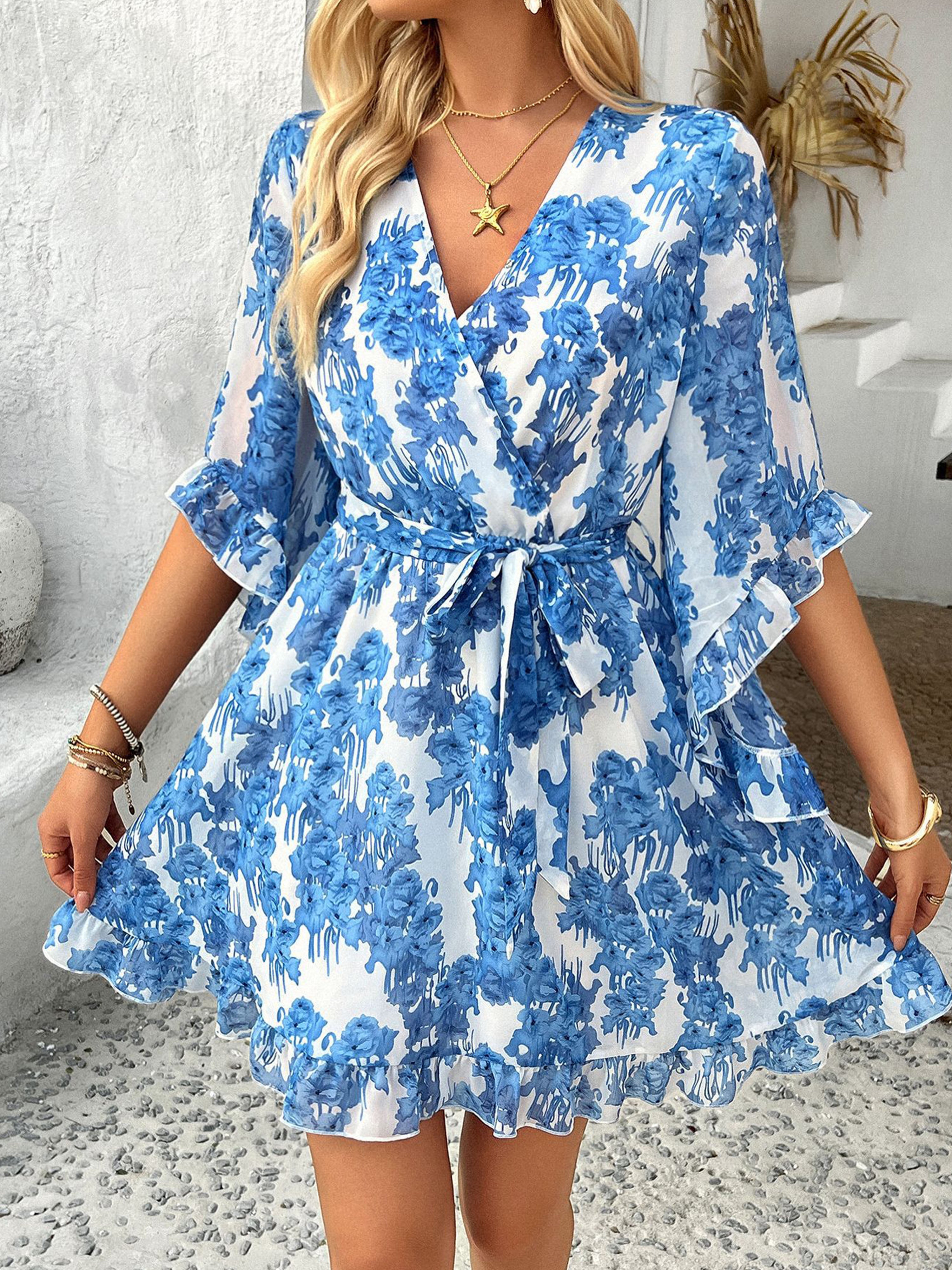 Ruffles Sleeves Floral V Neck Blue Wedding Guest Dress With Belts