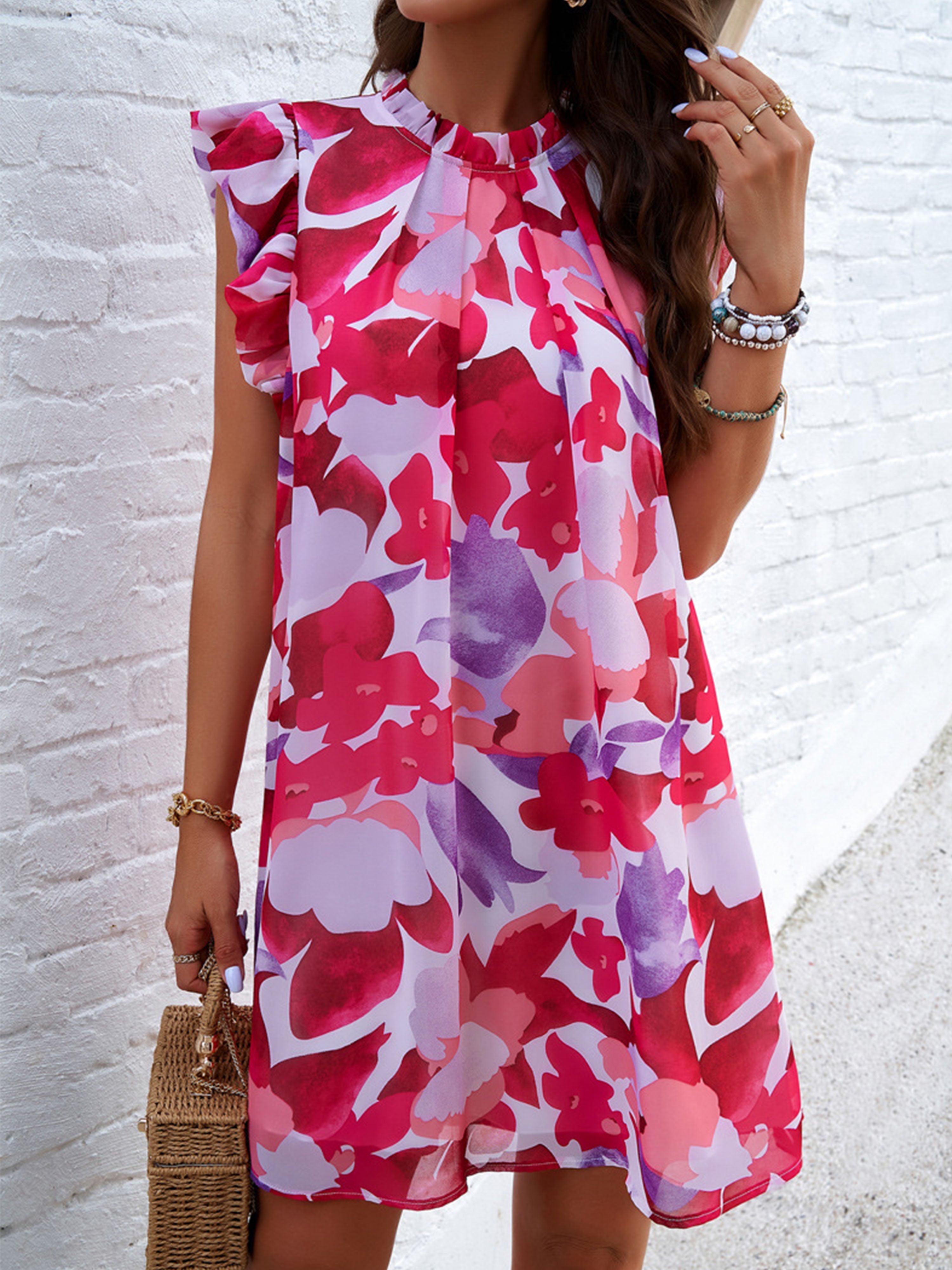 Fuchsia Cowl Ruffles Cap Sleeves Floral Wedding Guest Dress