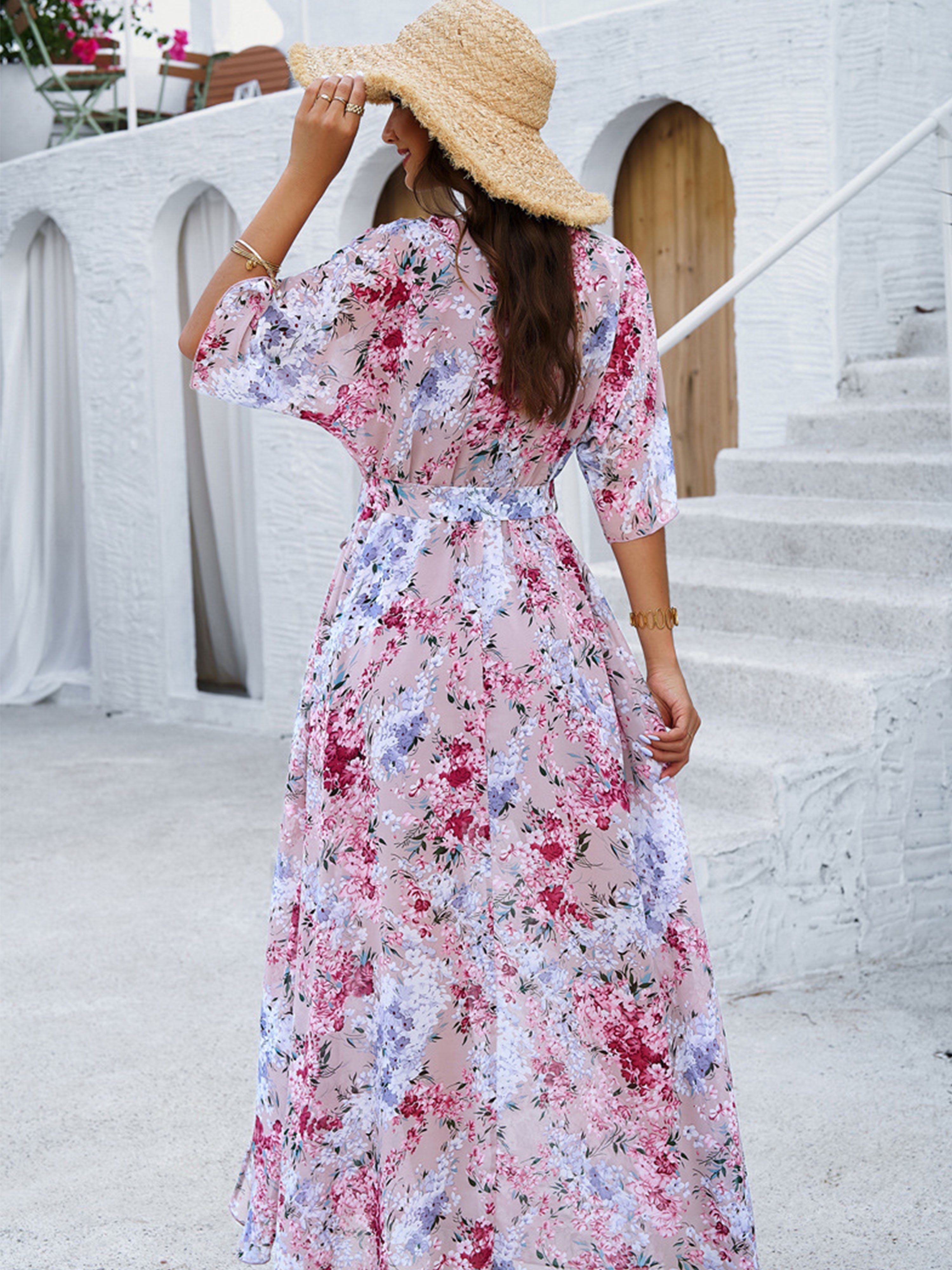 Half Sleeves V Neck A Line Strappy Waisted Pink Wedding Guest Dress With Split