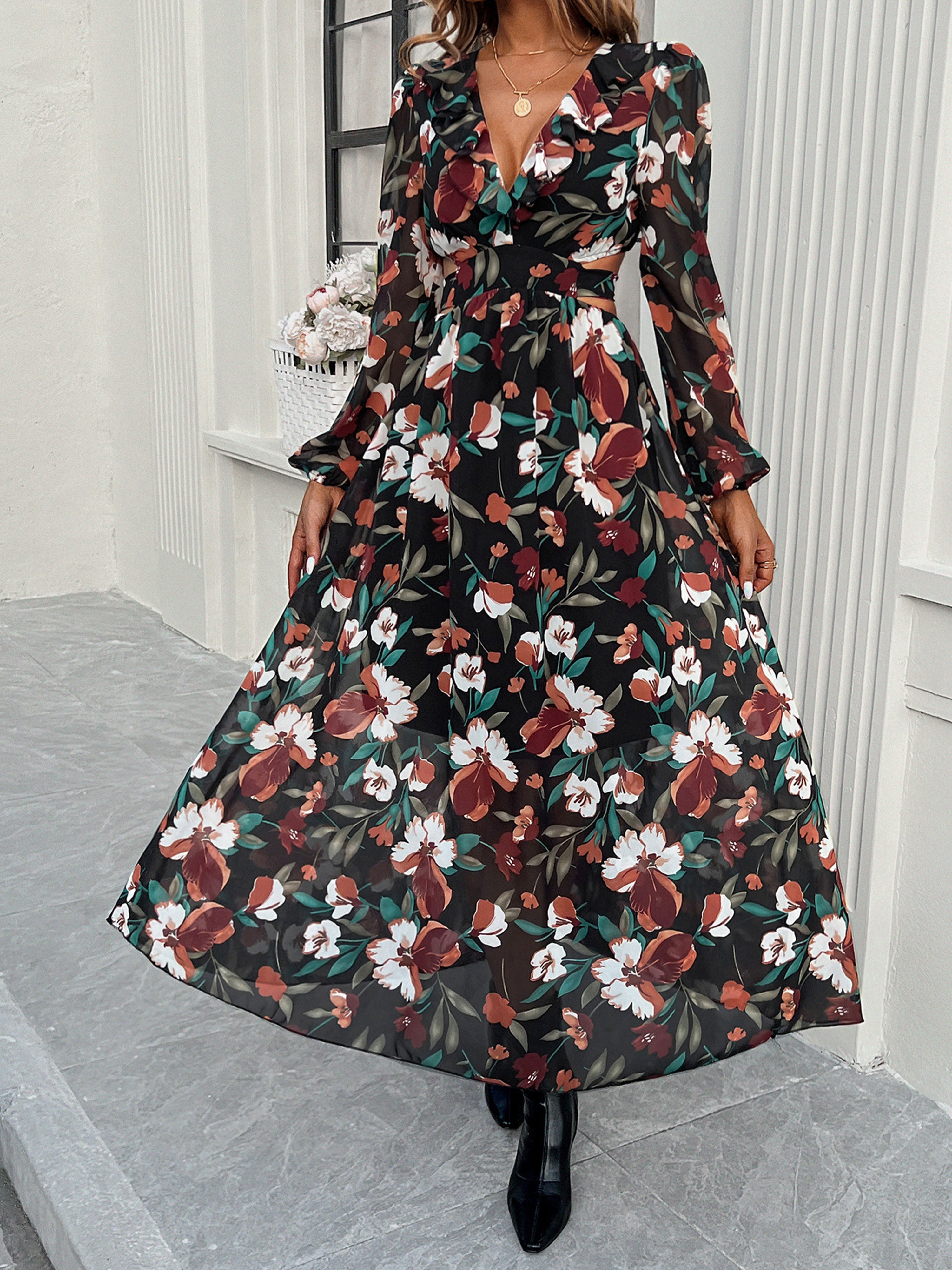 Floral V-Neck Black Long Sleeves A Line Wedding Guest Dress