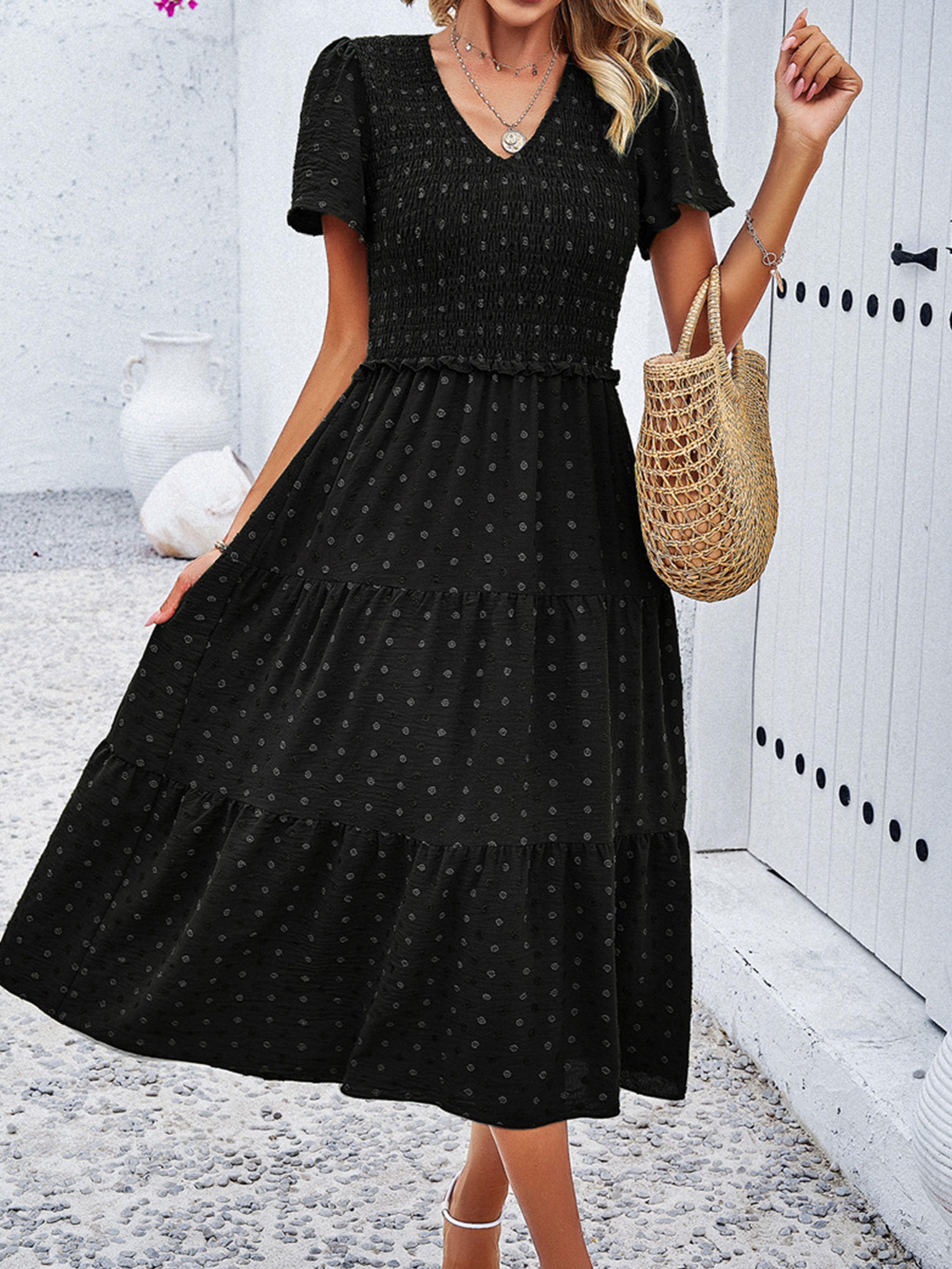 Casual Polka Dot V-Neck Short Sleeves Black Wedding Guest Dress