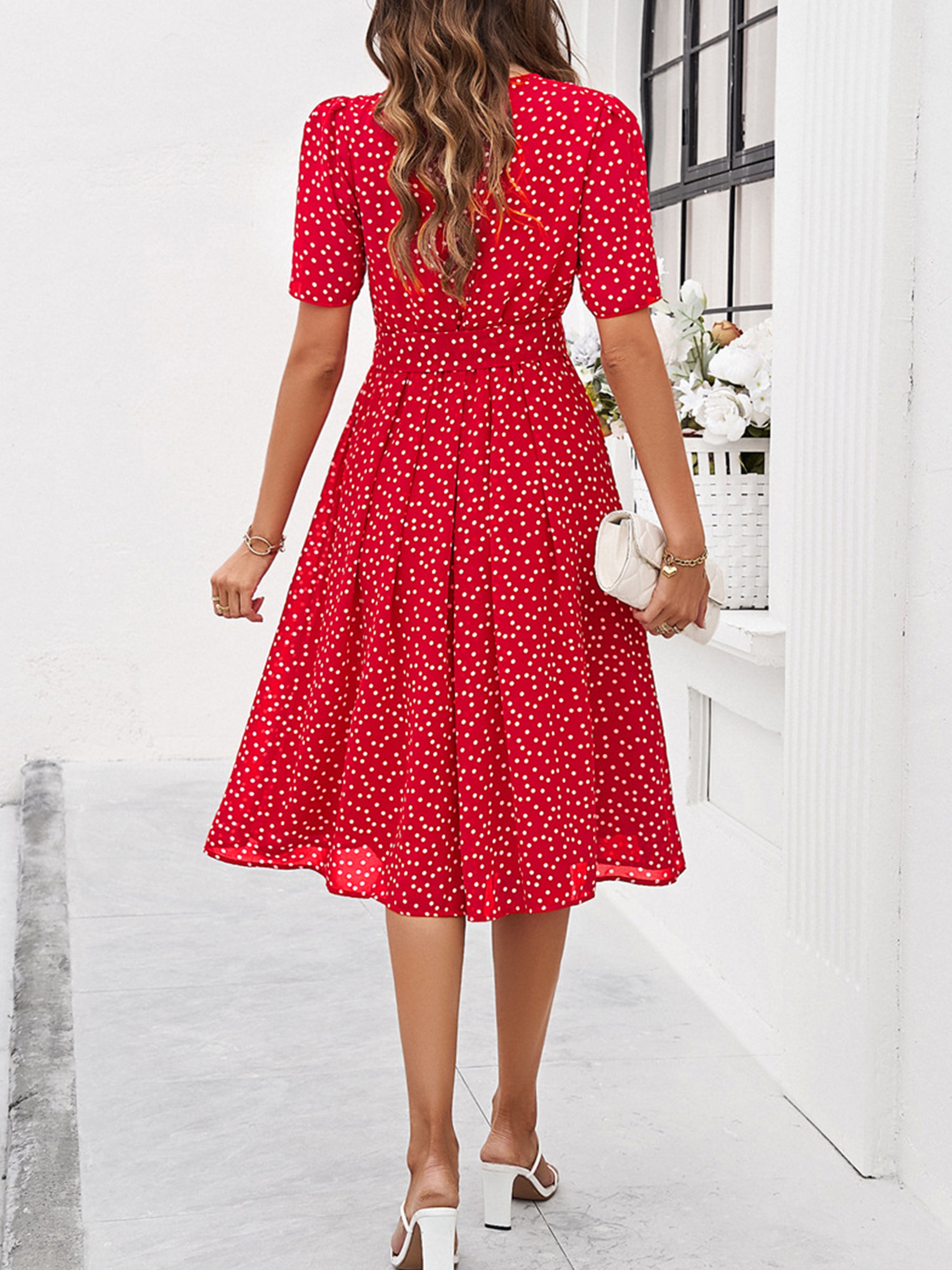 Casual Polka Dot Cowl Short Sleeves Red Wedding Guest Dress With Belt