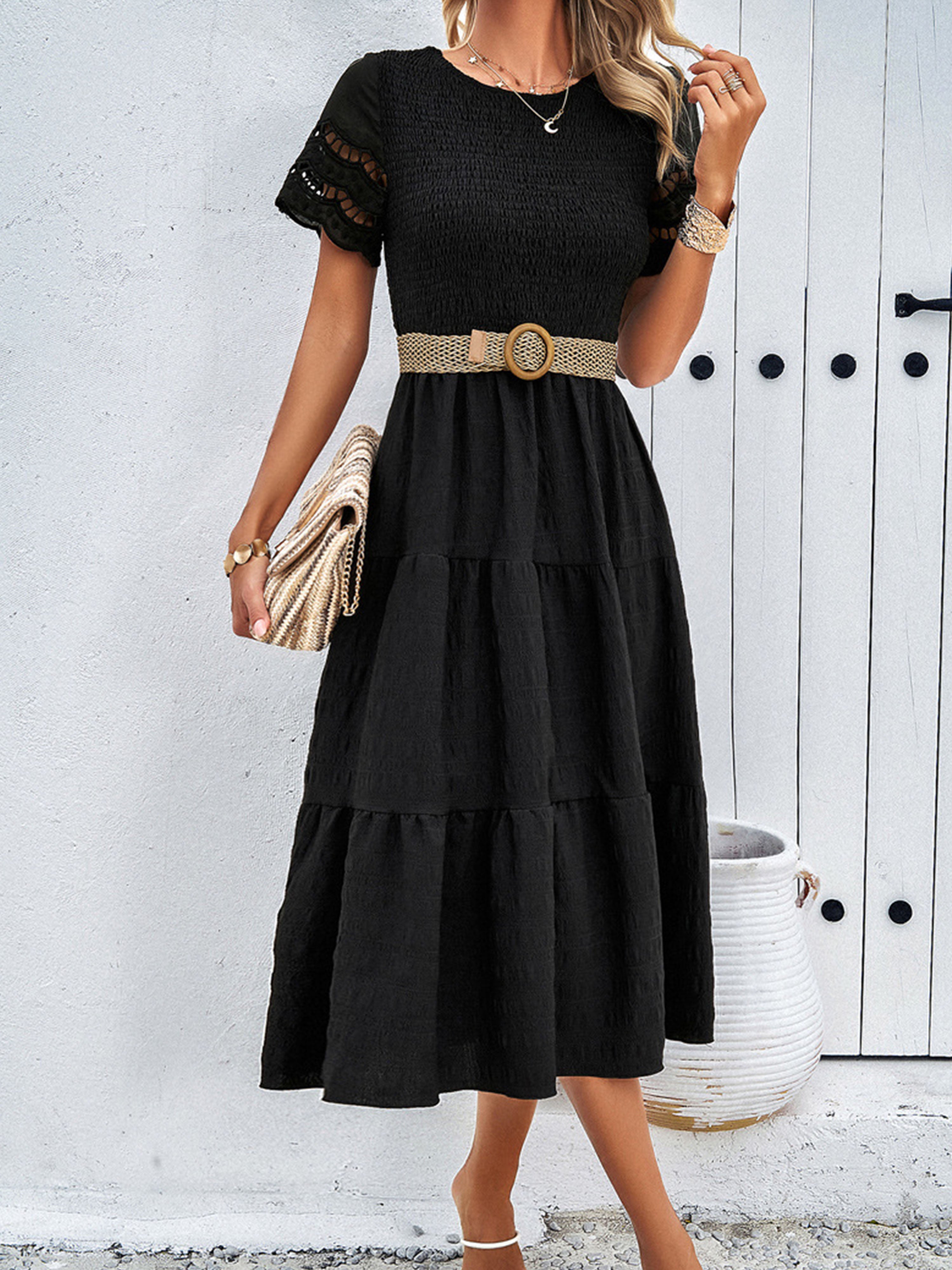 Black Solid Color A Line Round Neck Sleeves Wedding Guest Dress
