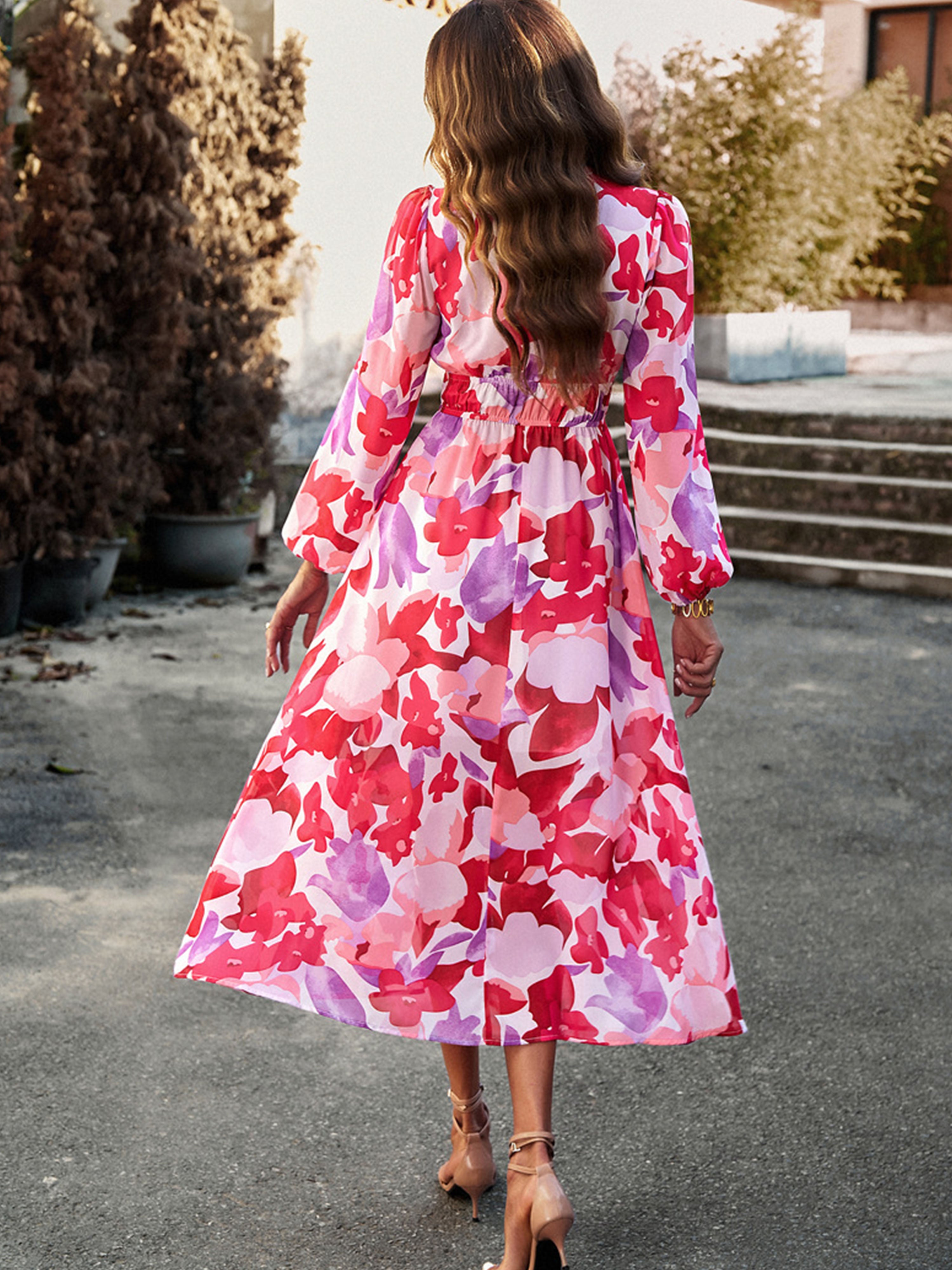 V Neck A Line Long Sleeves Casual Printed Red Wedding Guest Dress