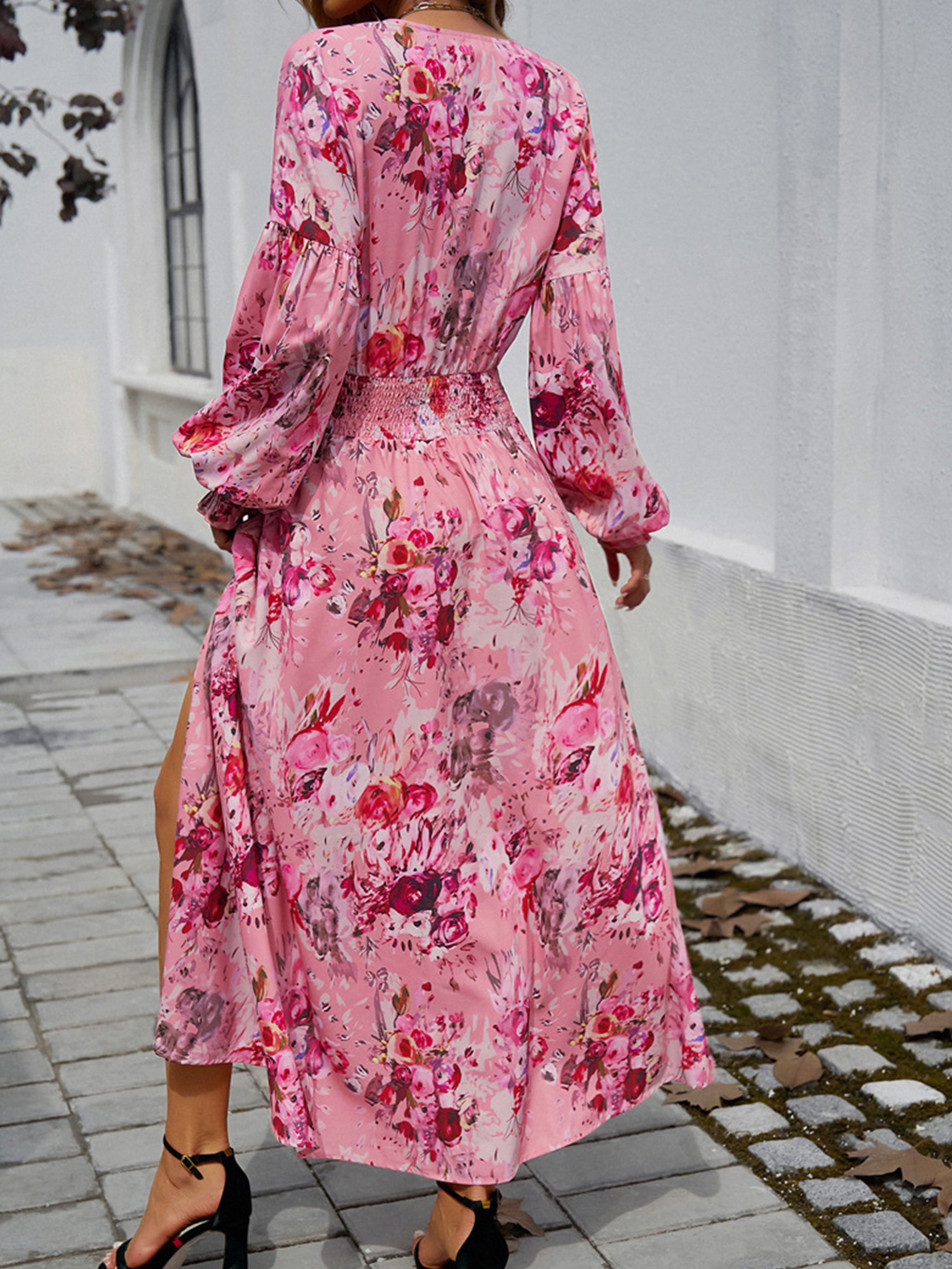 Empire Waist V Neck Long Sleeves Pink Wedding Guest Dress With Split