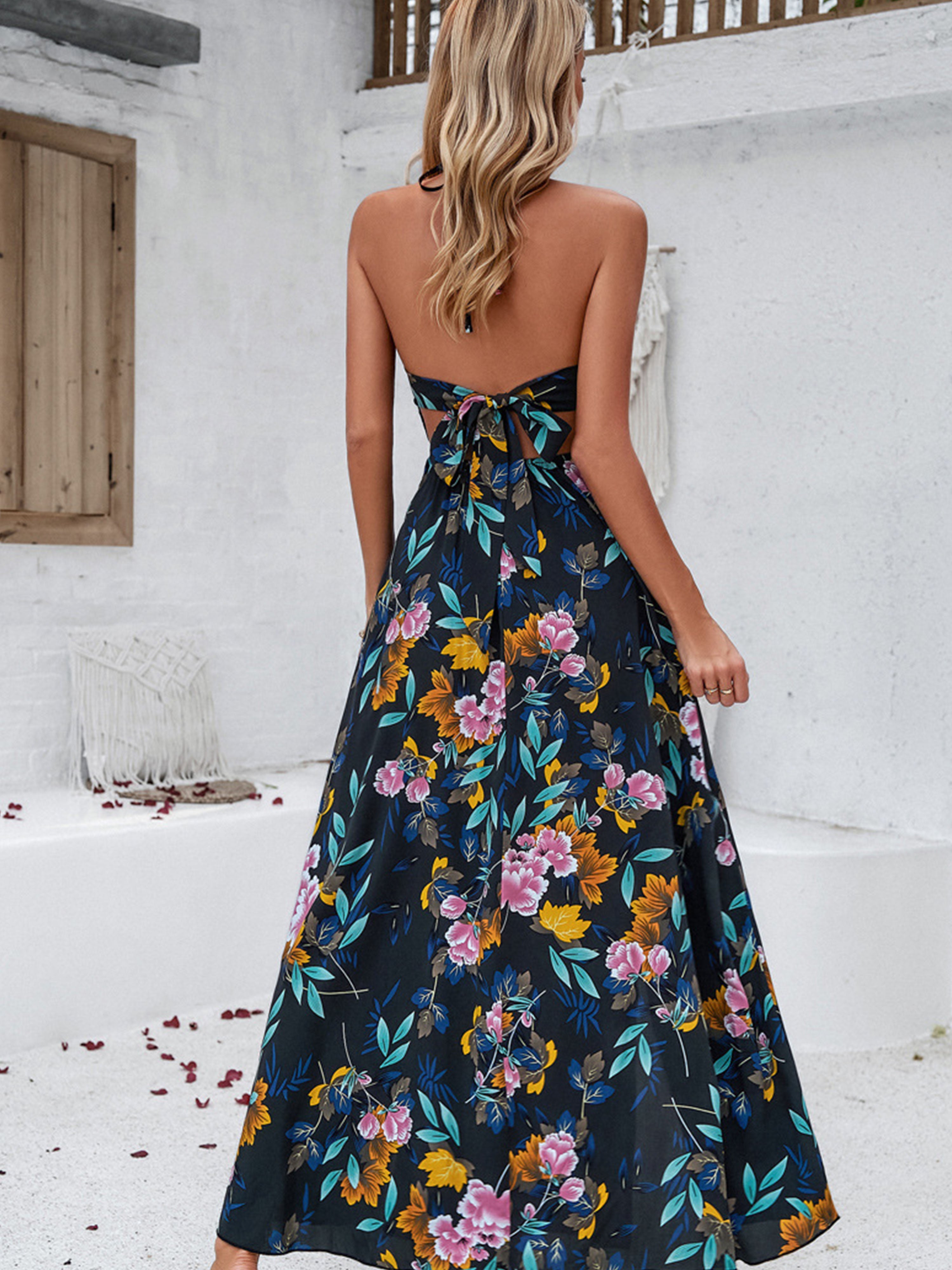 Casual Spaghetti Straps Long Floral Black Wedding Guest Dress