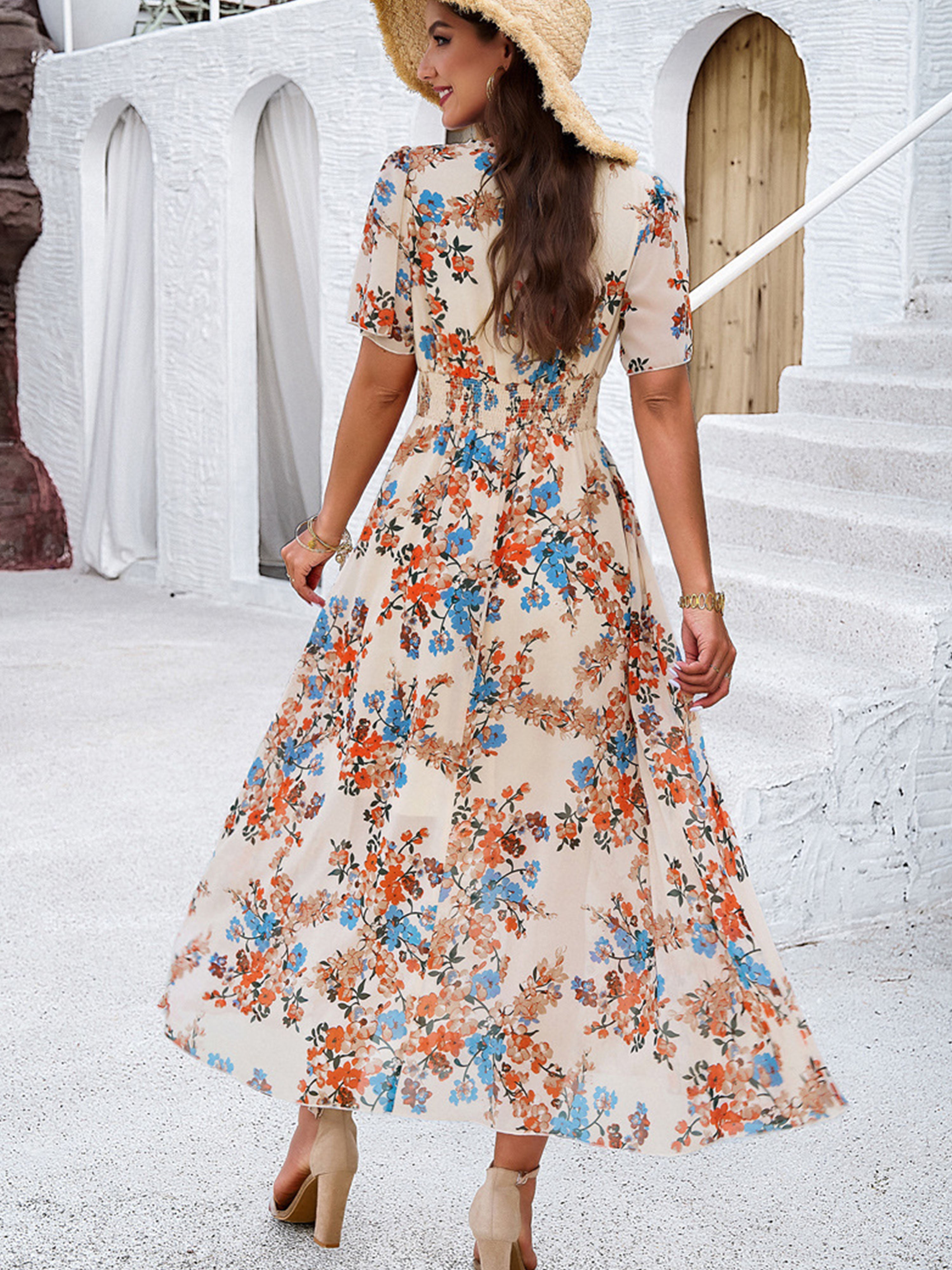 Floral Elegant V Neck Sleeves Apricot Long Wedding Guest Dress