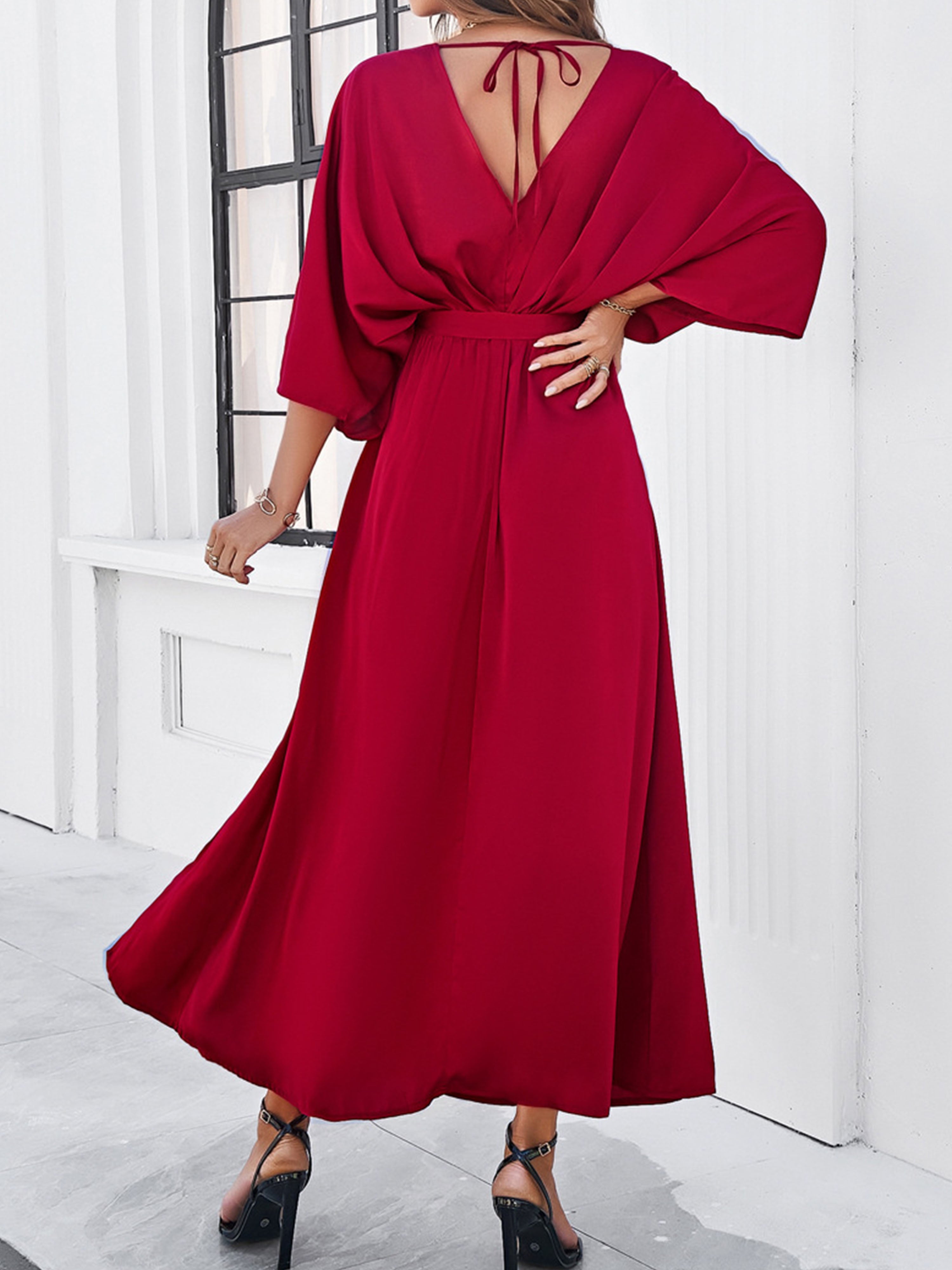 Elegant Burgundy V-Neck Sleeves Split Wedding Guest Dress With Belt