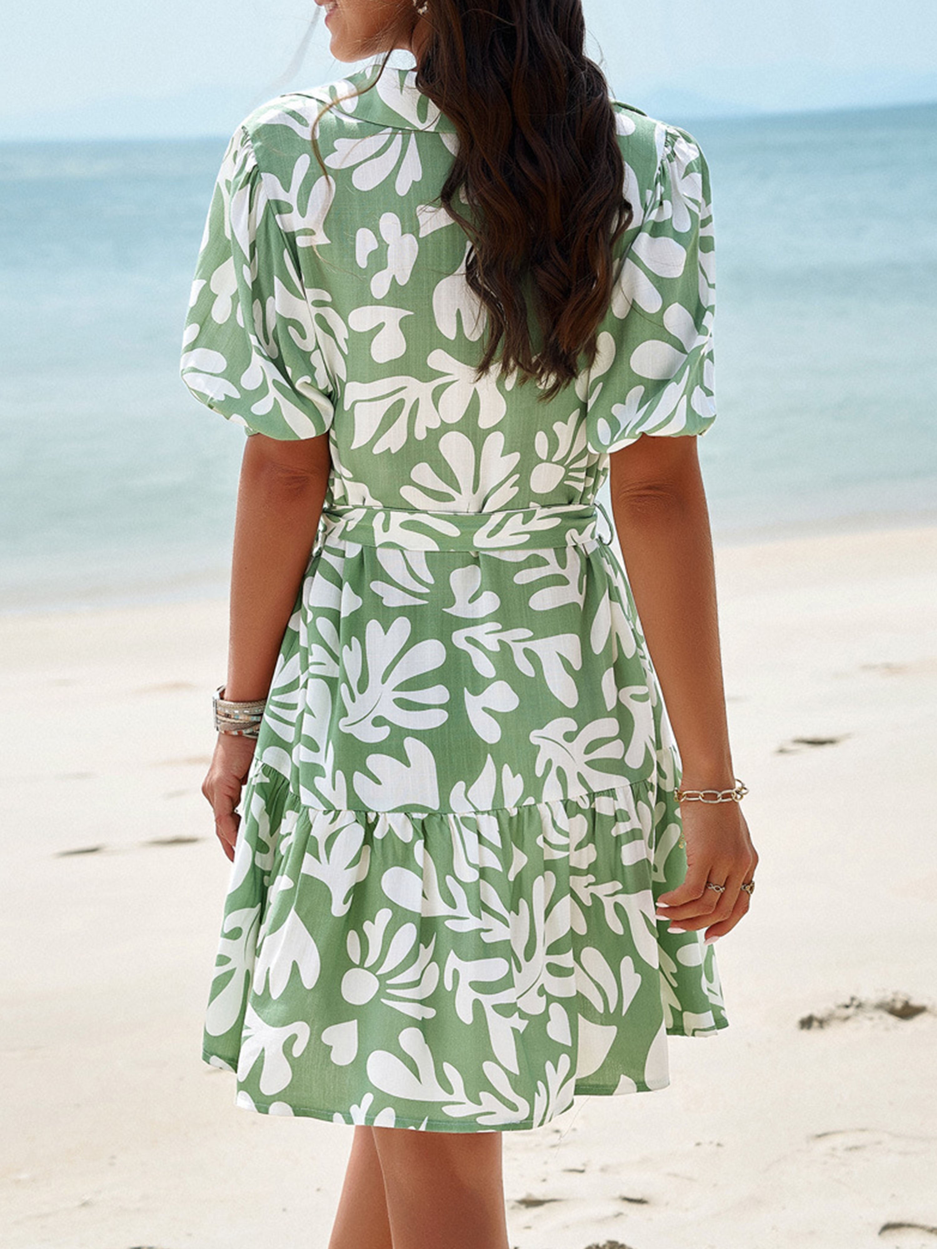 V Neck Elegant Geometric Print Short Sleeves Sage Wedding Guest Dress