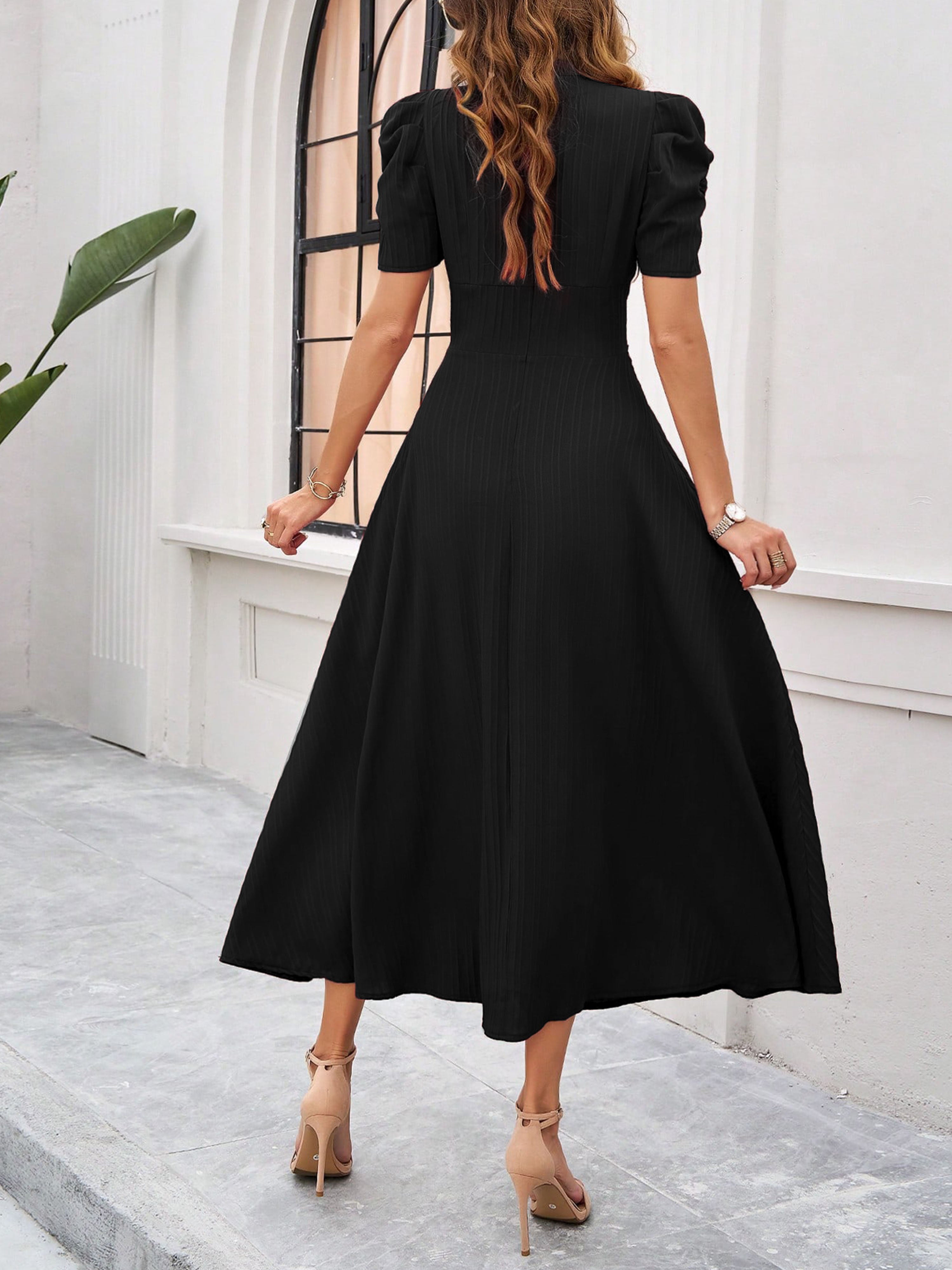 Elegant Empire Waist A Line Sleeves Black Wedding Guest Dress